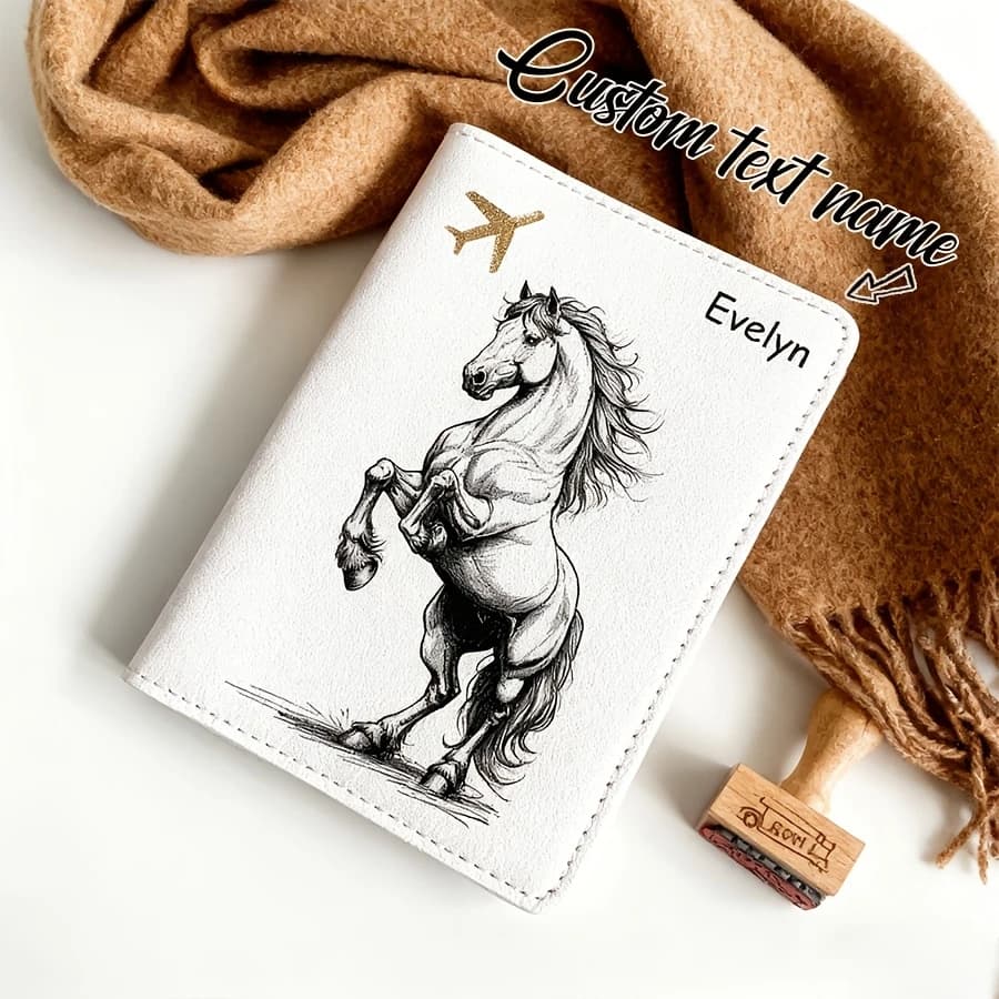 Personalized Custom Name Passport Cover - Elegant Travel Document Holder with Horse Pattern, Lightweight and Durable Design