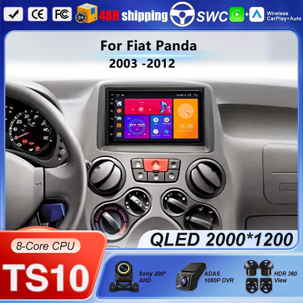 Autoradio Android 16 per Fiat Panda 2003-2012 con Carplay Wireless, Lettore Multimediale Video e Navigazione GPS