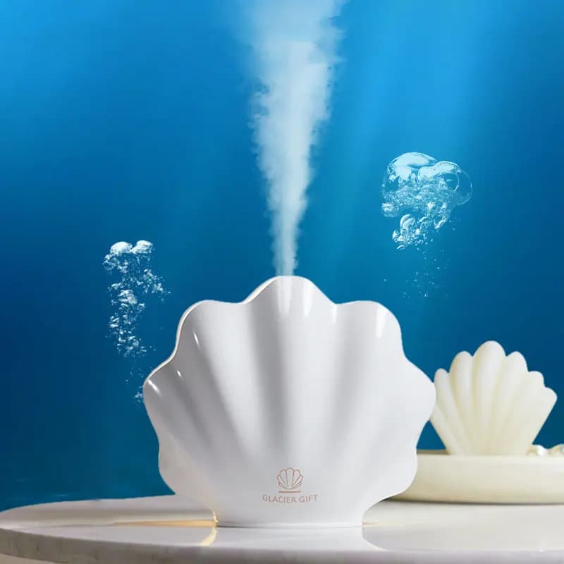Umidificatore per aromaterapia Shell Design con luci LED a 7 colori, diffusore a fiamma, alimentazione USB, timer e spegnimento automatico