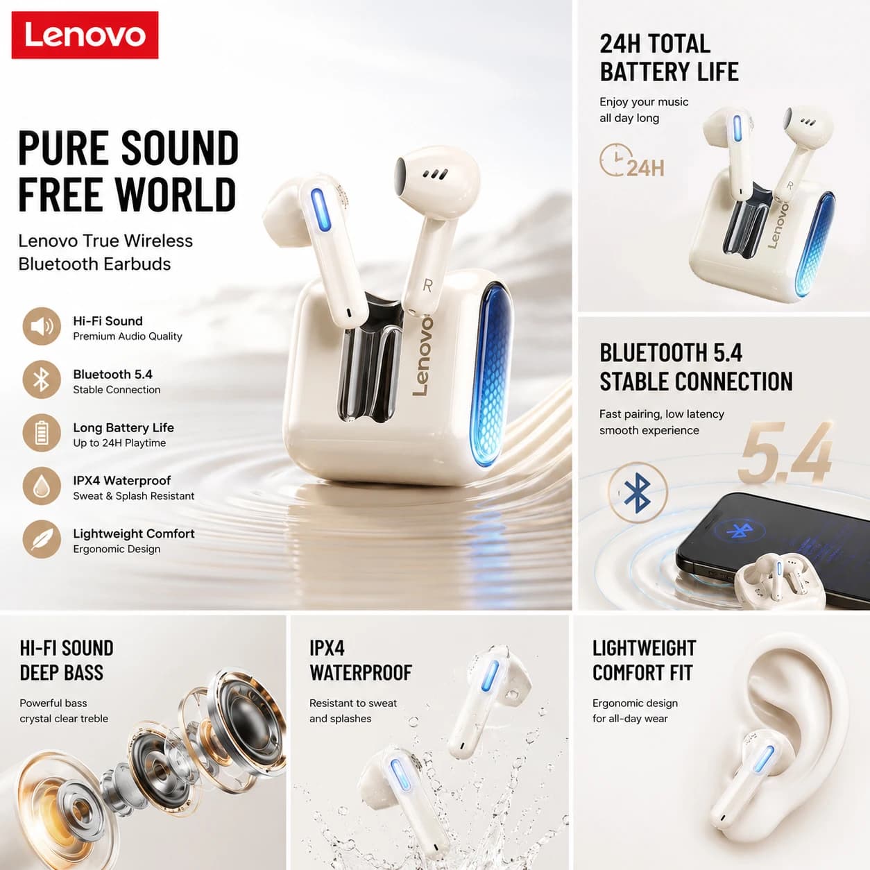 Lenovo EA189 Bluetooth V5.4 Earphones Punchy Bass Sound Headset Full Compatible Low Latency Game Sport Music Headphones Men Gift