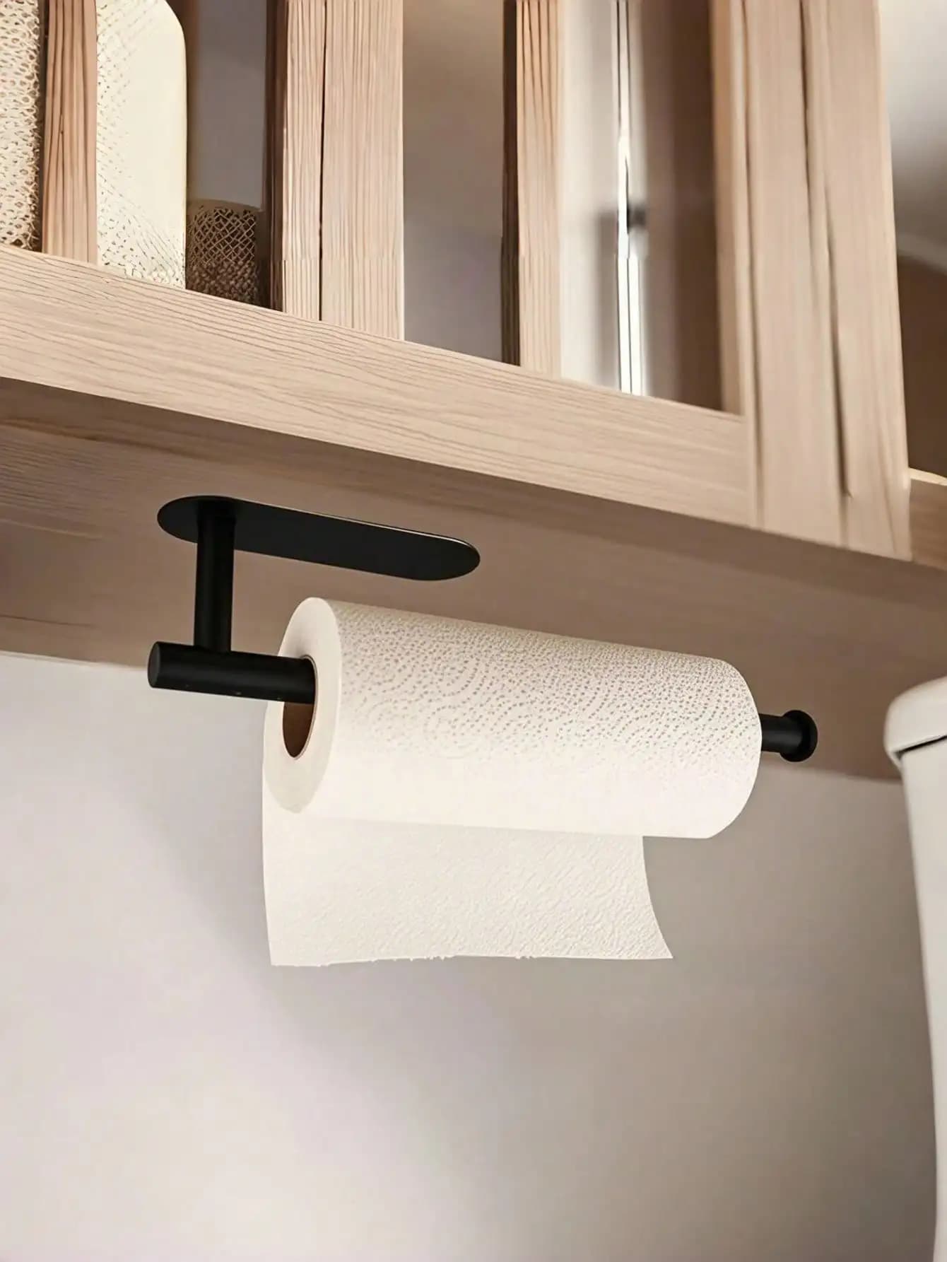 1PC Black Paper Tissue Rack, Punch Free Wall Mount With Adhesive For Easy Installation, Wall Mount For …Kitchen, Towel Holder Under Cabinet Paper Towel Rack For Bathroom Kitchen Pantry Sink Balcony Toilet Paper Holder, Storage Rack For