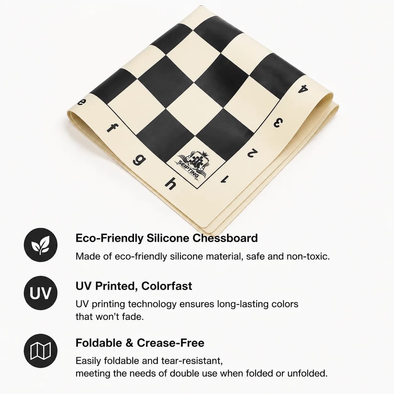 Silicone Foldable Chess Board 43cm Black & White Squares Portable Travel Chess Mat Eco-Friendly Soft Waterproof Non-Slip Roll-Up