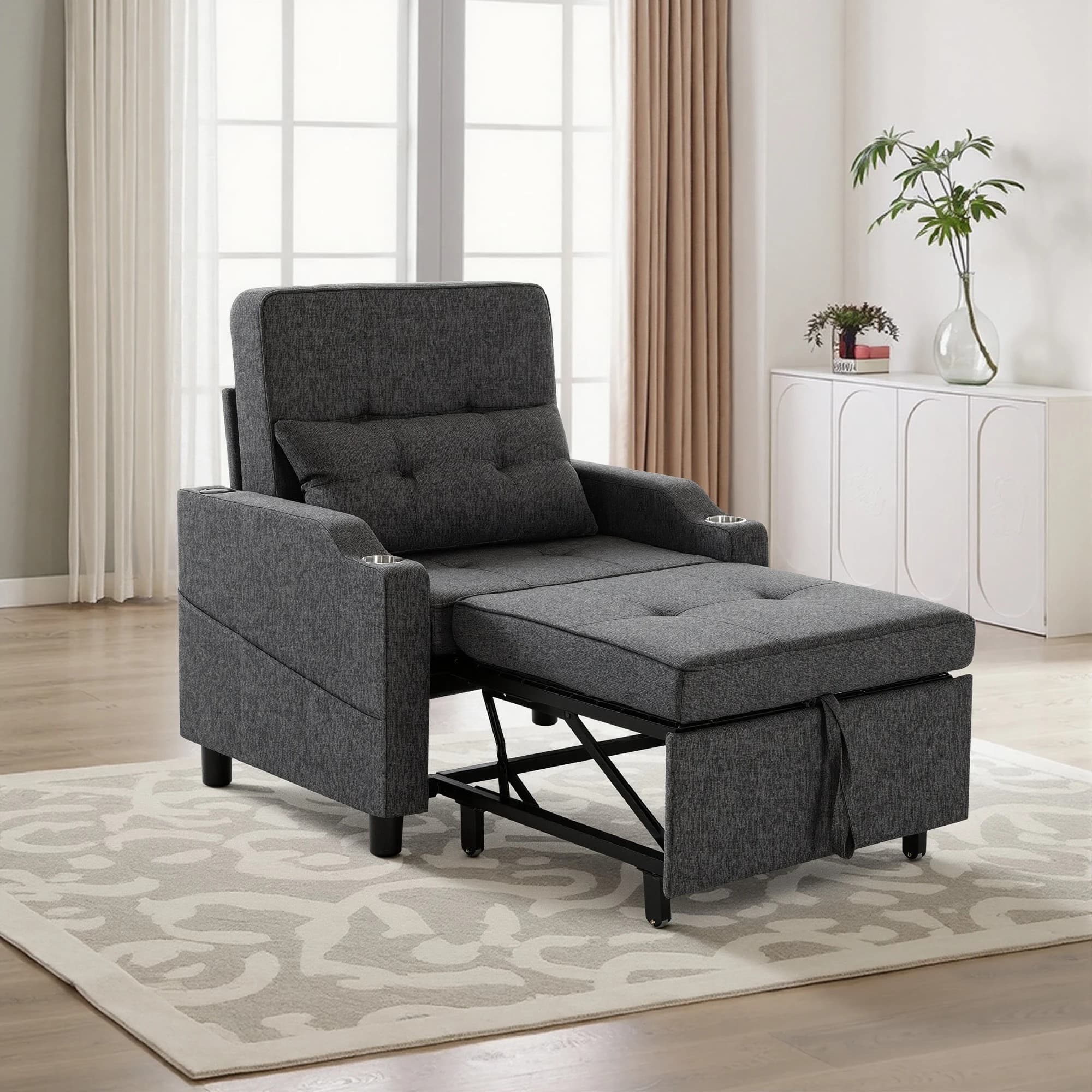 Dark grey 5‑Position Adjustable Single Recliner Chair, Pull‑Out Convertible Sleeper Sofa Bed with Cup Holder USB Charging Side Pocket for Living Room Reading Gaming