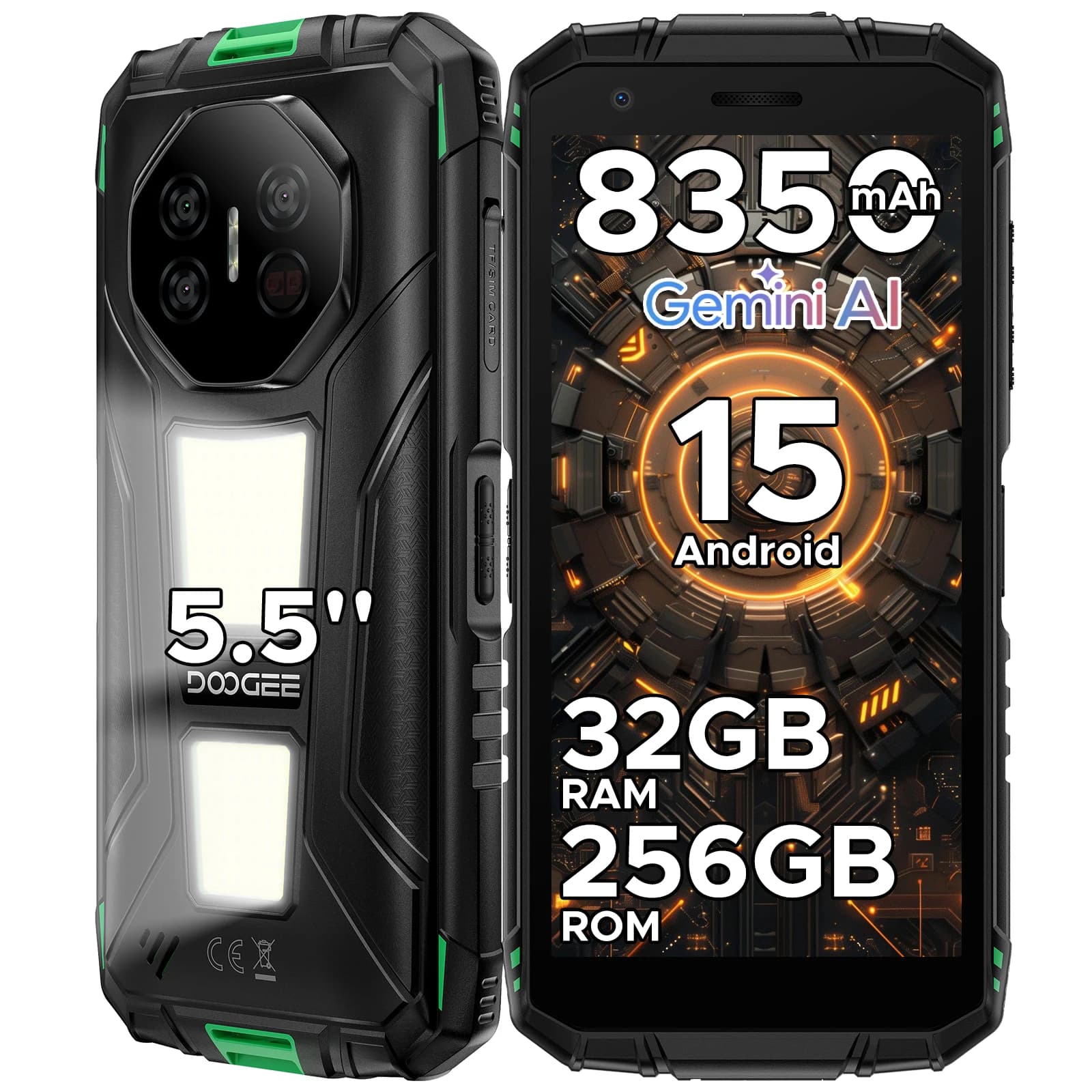 DOOGEE Fire3 Max Telefono Rugged, Display IPS HD+ da 5.5", 32GB(8+24)+256GB, Android 15, Batteria da 8350mAh, Fotocamera 48MP, Luce da Campeggio 1200LM, NFC