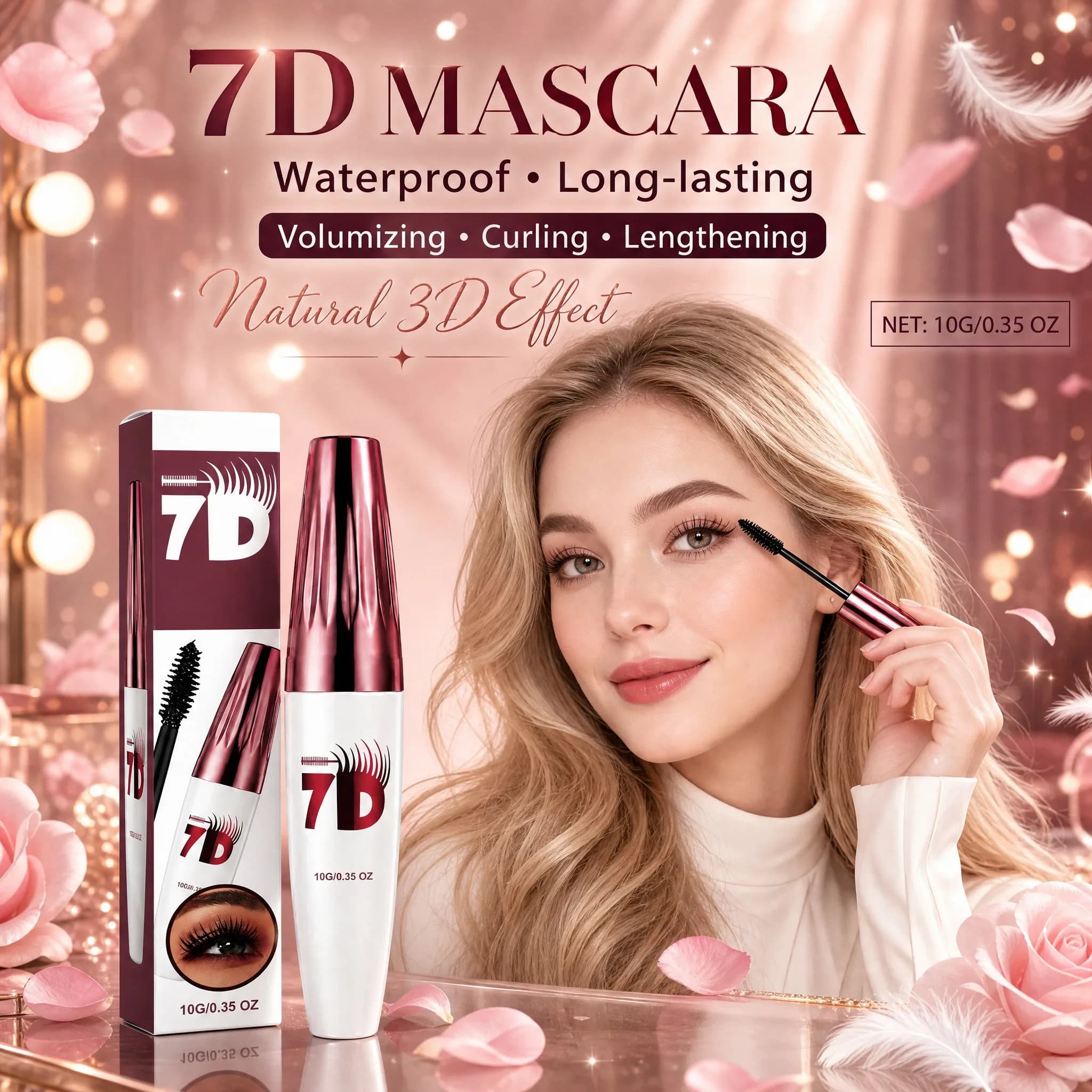 7D Waterproof Mascara Volumizing Curling Lengthening Mascara Long Lasting Smudge Proof Defined Lashes Eye Makeup 10g