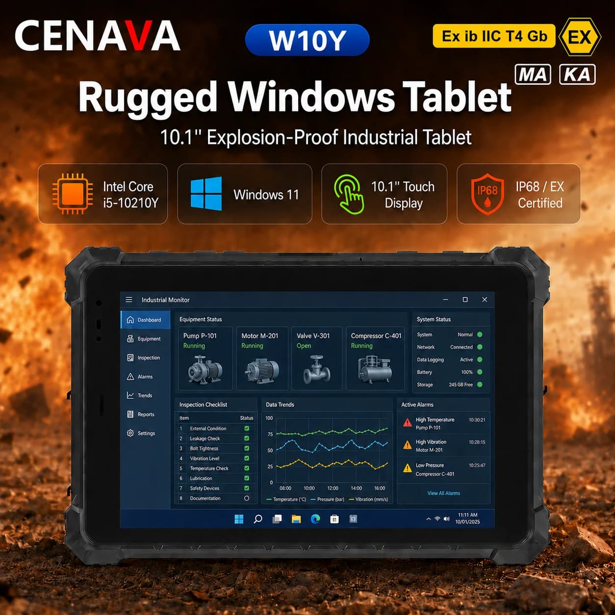 CENAVA W10Y Tablet Industriale Robusto da 10.1 Pollici, IP68 Impermeabile, Antipolvere, Antiurto, Antiesplosione, PC Android 5G con NFC