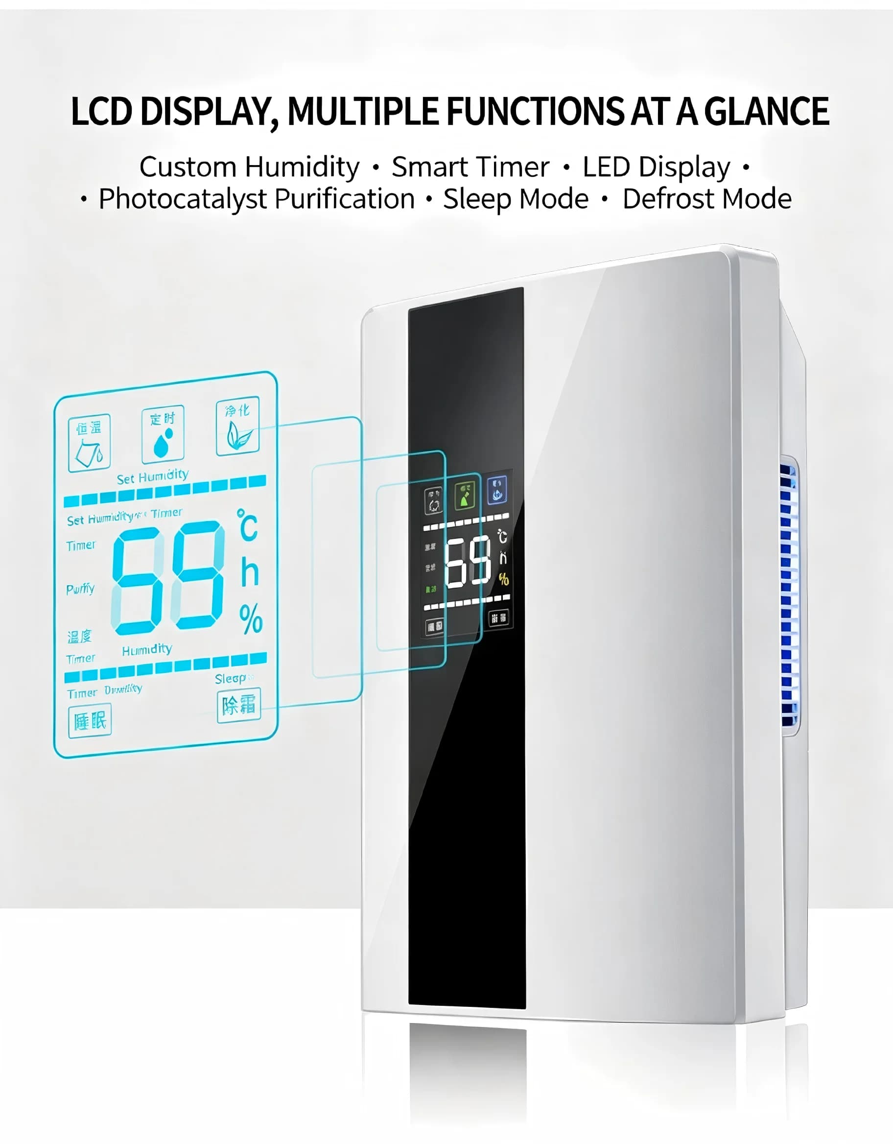 Dehumidifier, 2200ml Water Tank 90W Quiet Moisture Absorber with Remote Control, Timer & Drain Hose, 323 Sq.ft Coverage, Portable Household Dehumidifier for Bedroom Basement