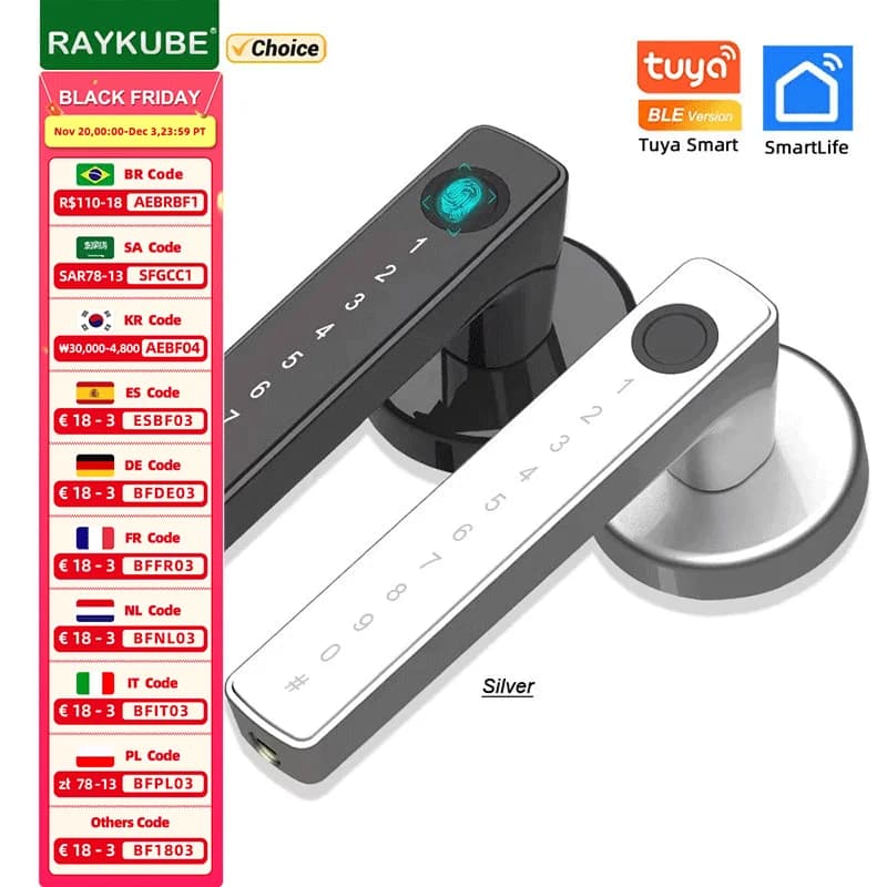 RAYKUBE M5 Tuya BLE Serratura elettronica intelligente per impronte digitali con password/chiave/carta/smartlife/APP Tuya sblocco per camera da letto