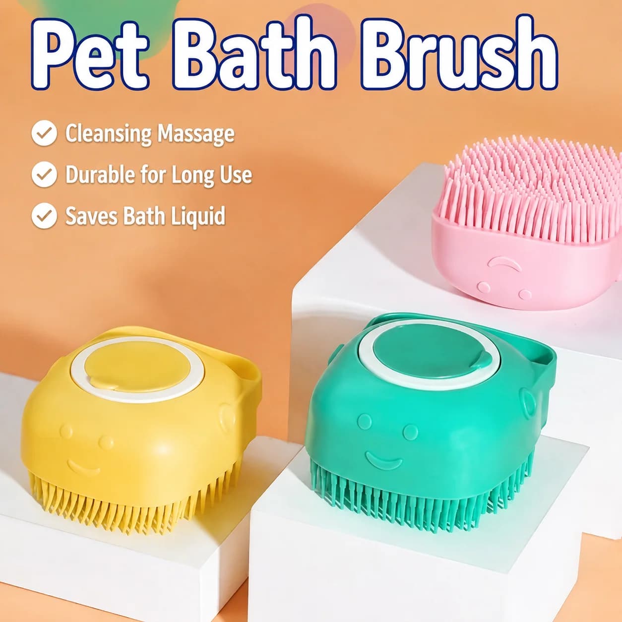 Soft Silicone Pet Bath Brush with Shampoo Dispenser, Dog Cat Grooming Scrubber Massage Cleaning Brush