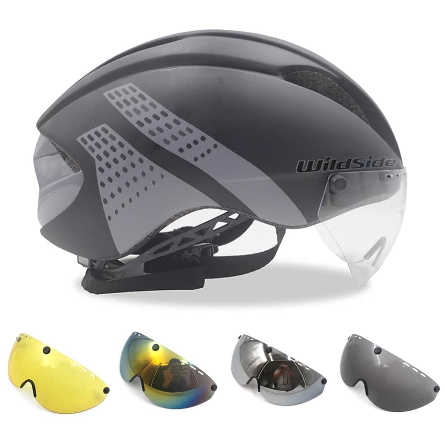 Wildside Casco da bicicletta Strada Mtb Triathlon integrale Casco da bici da lavoro da uomo Casco da corsa veloci Visiera parasole 5 lenti Occhiali aerodinamici