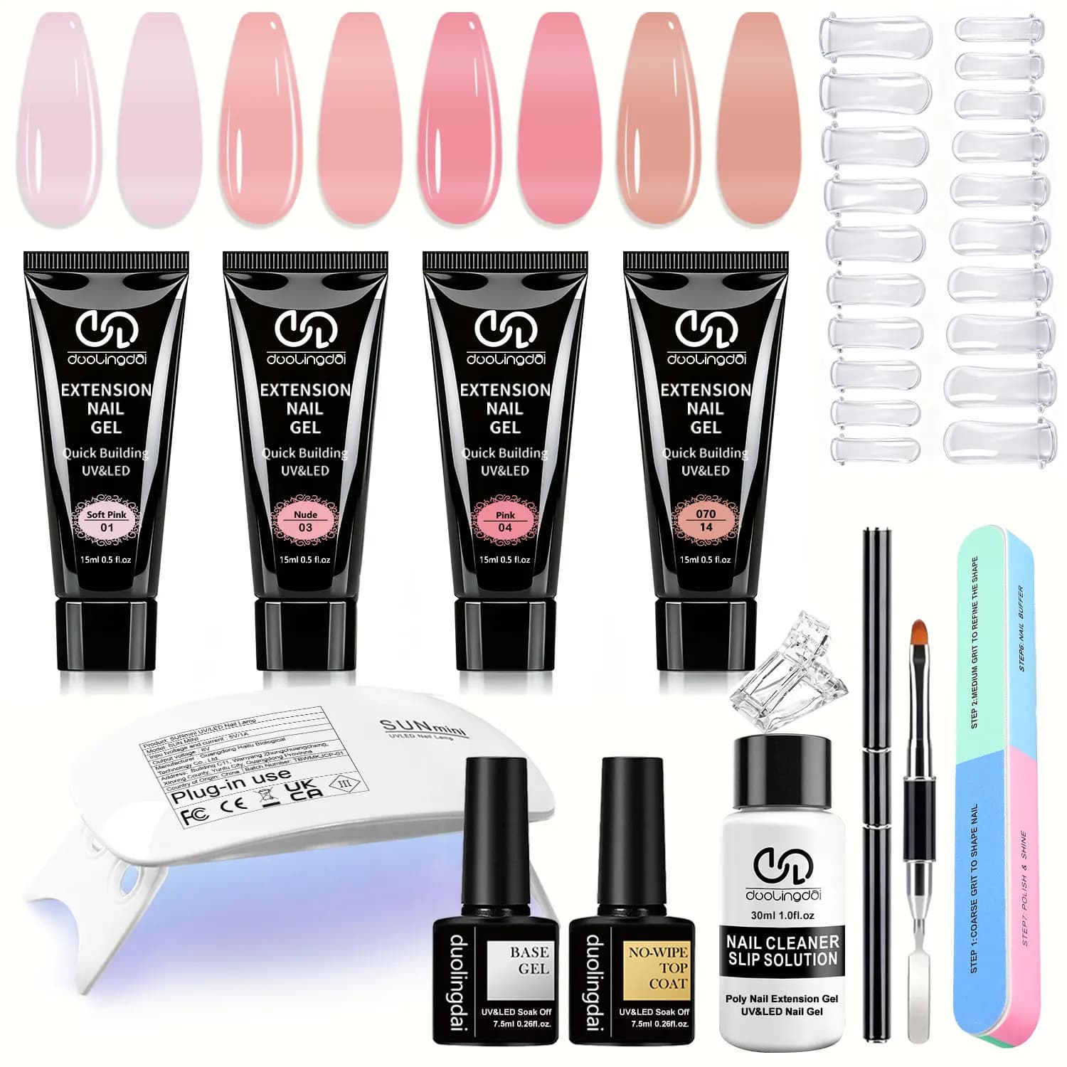 duolingdai Gel per Estensione Unghie in 4 Colori + Set di 8 Strumenti, Trasparente Rosa-Bianco-Marrone, Include Mini Lampada per Unghie e Luce UV/LED Essenziale