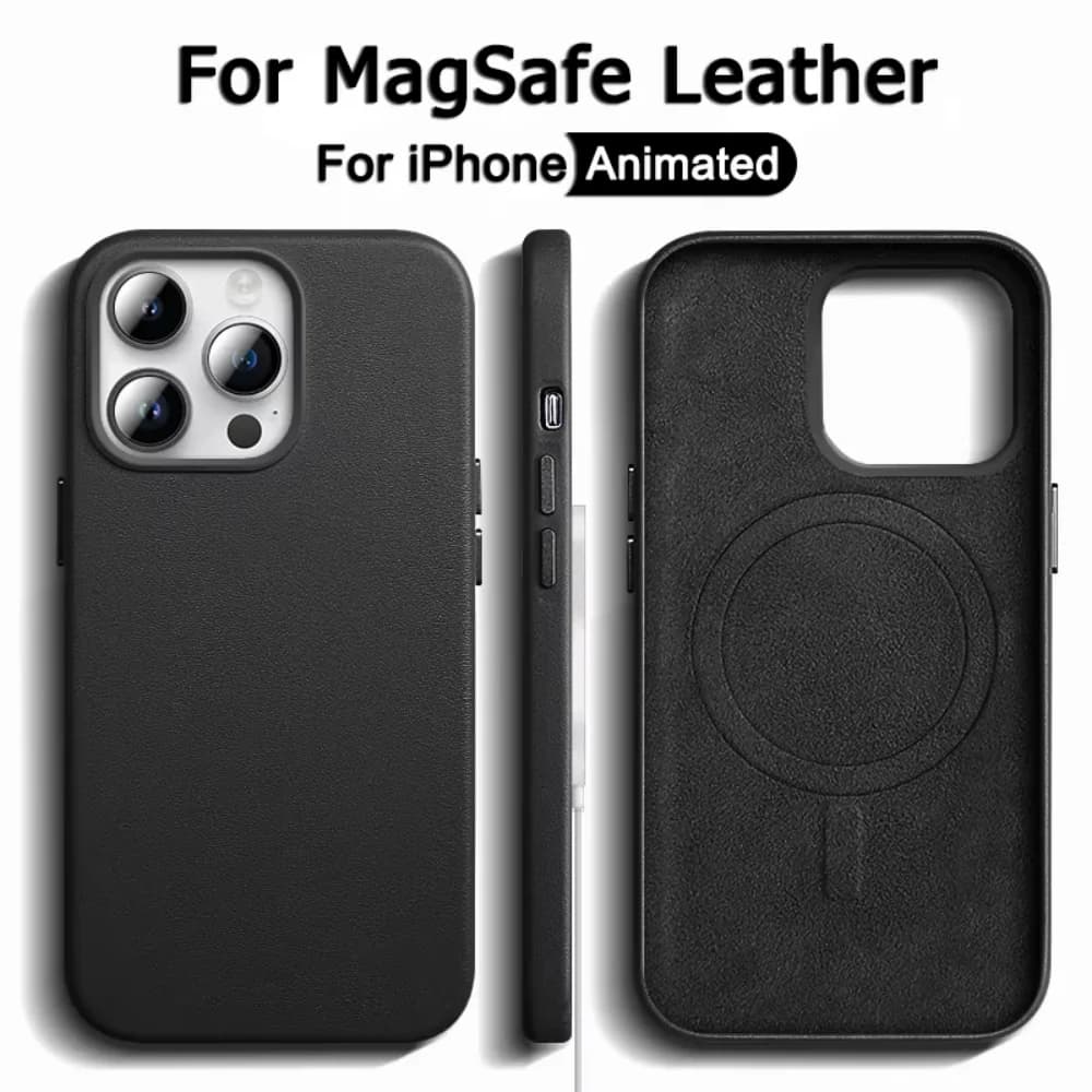 Custodia in pelle con animazione MagSafe per iPhone 13 Mini 14 15 16 Pro Max Plus, cover antiurto con ricarica wireless magnetica
