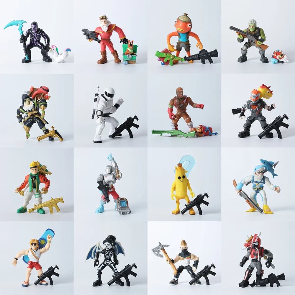 Acquista 3 pezzi Ricevi 1 regali Fortnites Toys Action Figure con accessori Strumenti di raccolta Peely Skull Trooper Fishstick Blackheart