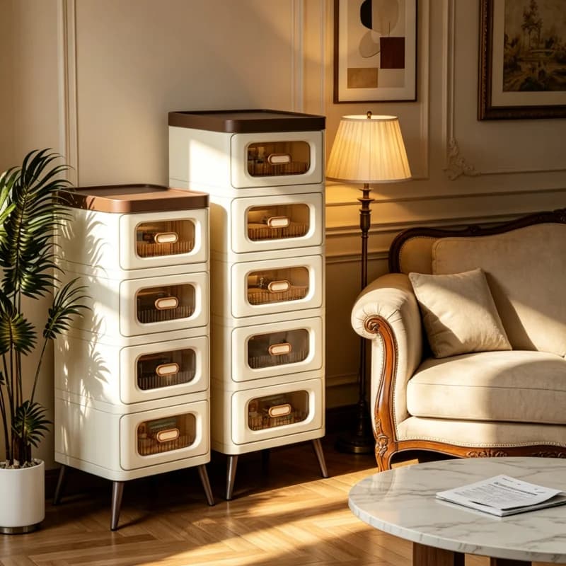 3/4/5-drawer storage cabinet with legs, narrow tall plastic storage tower, clear drawer organizer, suitable for bedroom, living room, small spaces, cream beige
