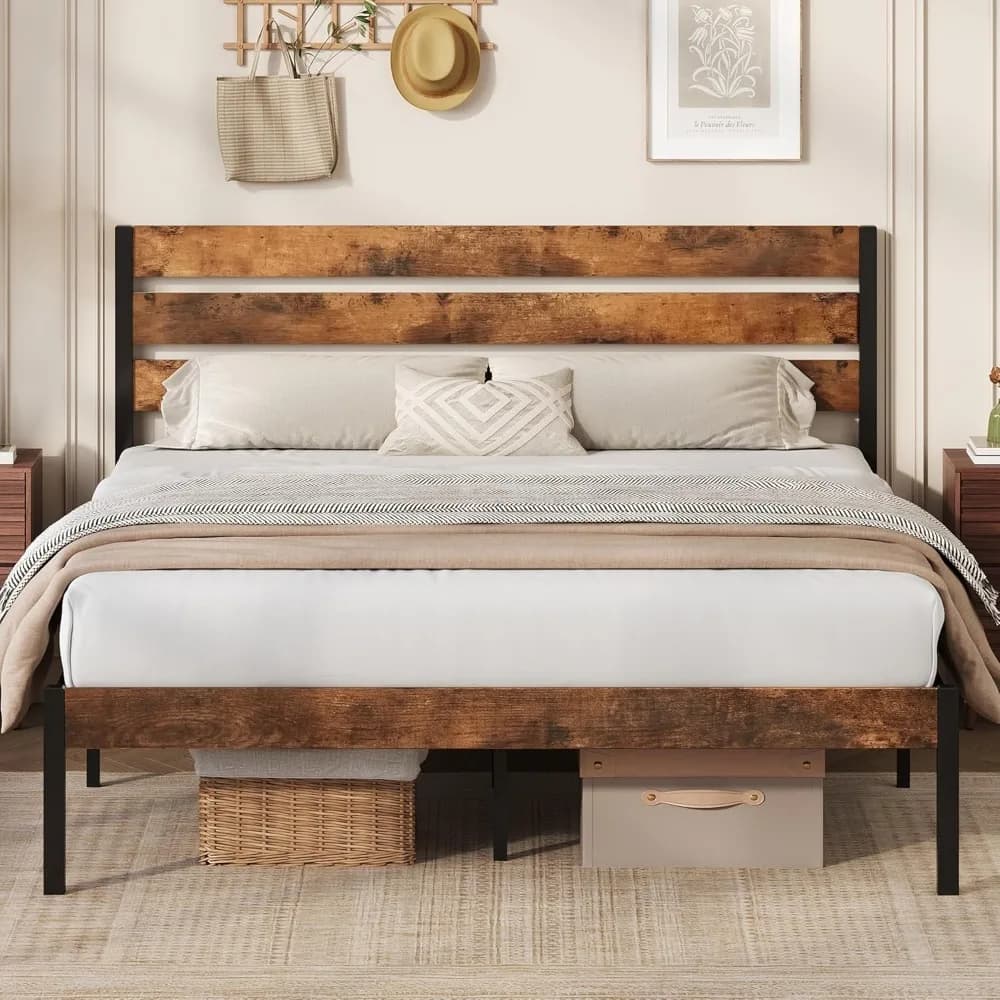 Bed structures with headboard, Metal platform bed frame with container under the bed, 600-pound mattress holder, No spring network, Ea