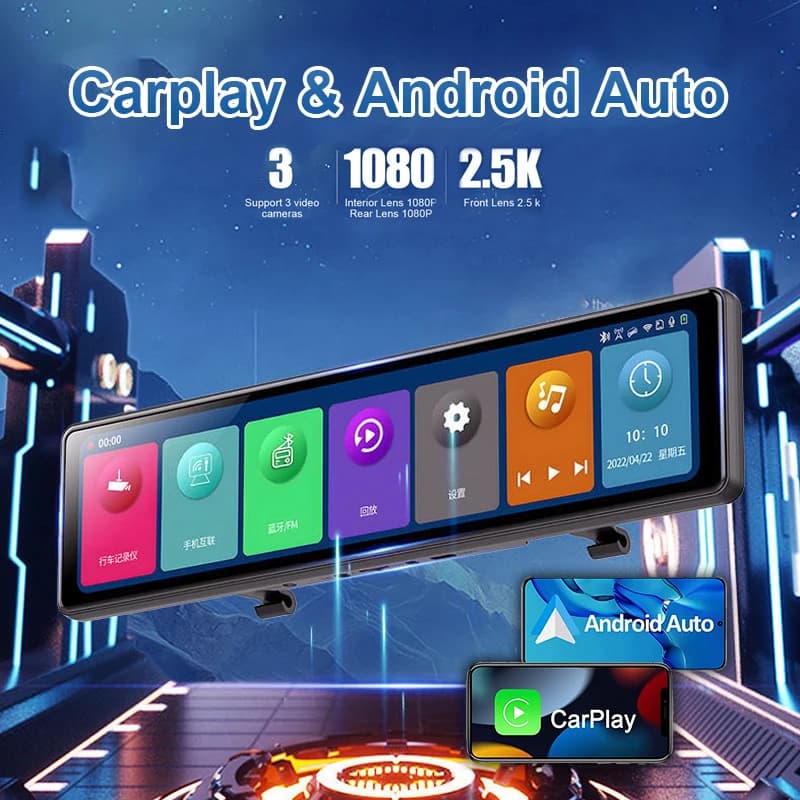 12 "Carplay e Android Auto 3 Telecamere Dashcam 2.5k 2560*1440P Specchietto retrovisore Videoregistratore WIFI Loop Record IPhone Carplay DVR