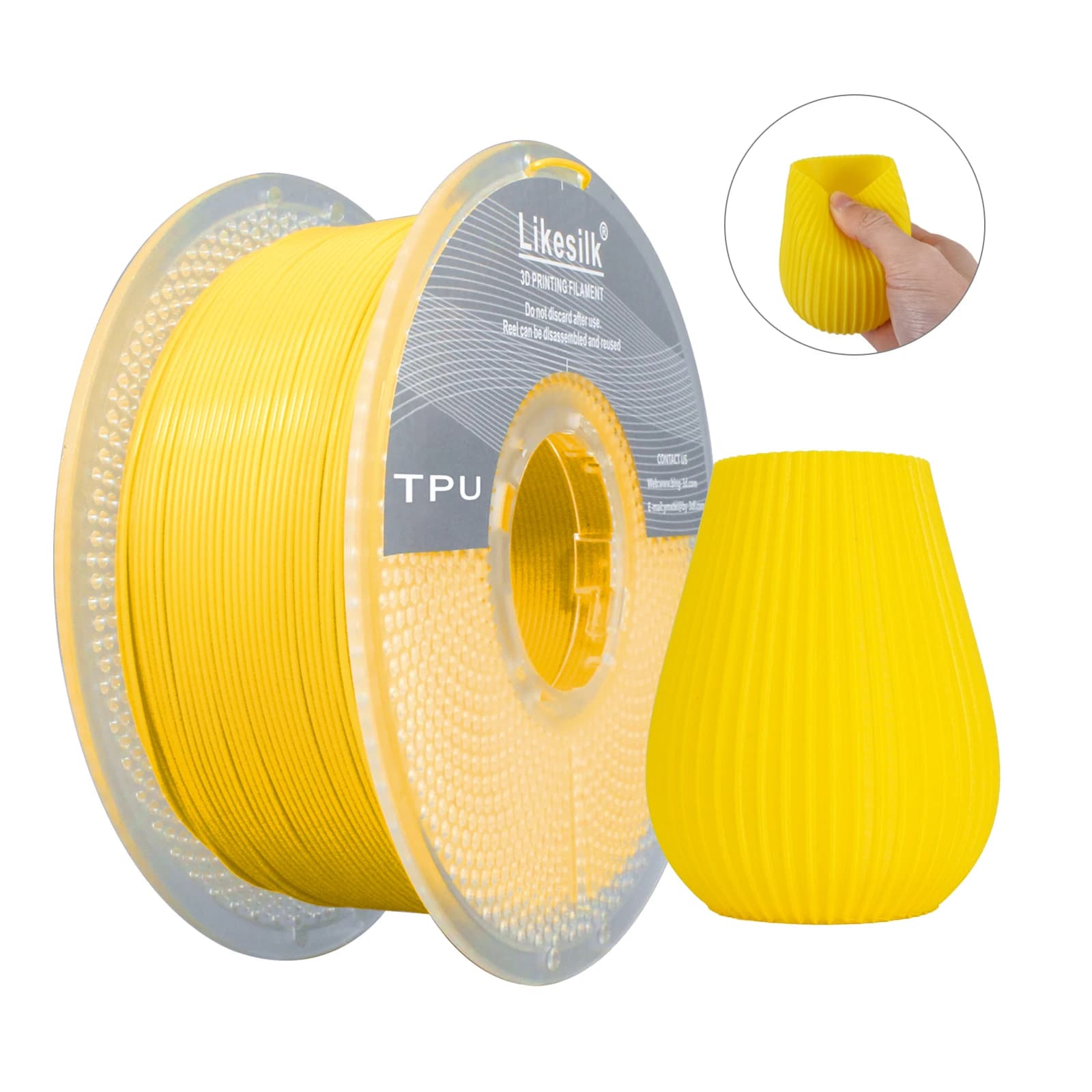 Filament TPU Likesilk 95A, soft and flexible 3D printer filament 1,75 mm, dimensional accuracy +/- 0.03, 1 kg coil (2.2 pounds), (TPU-Yel