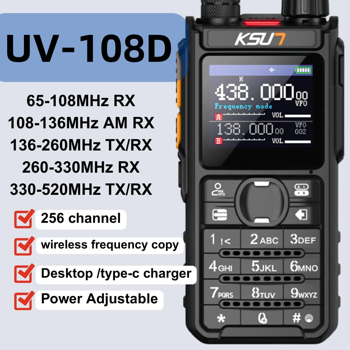 KSUN UV108D 5W Walkie Talkie Scanner di frequenza ricaricabile professionale a lungo raggio Decodificatore radio Ricetrasmettitore radio HF
