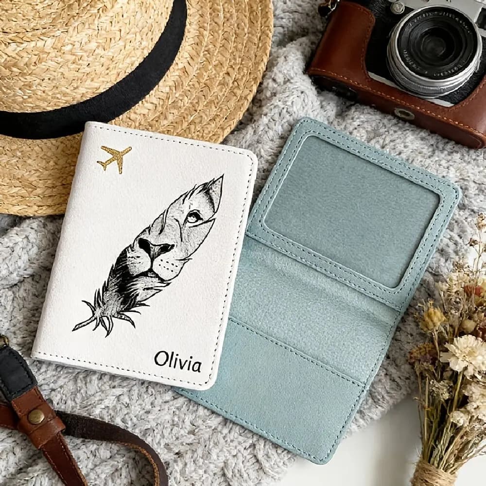 Custom Name Feather Lion RFID Passport Cover, Ultra-thin PU Wallet Card Pouch DIY Travel Gift