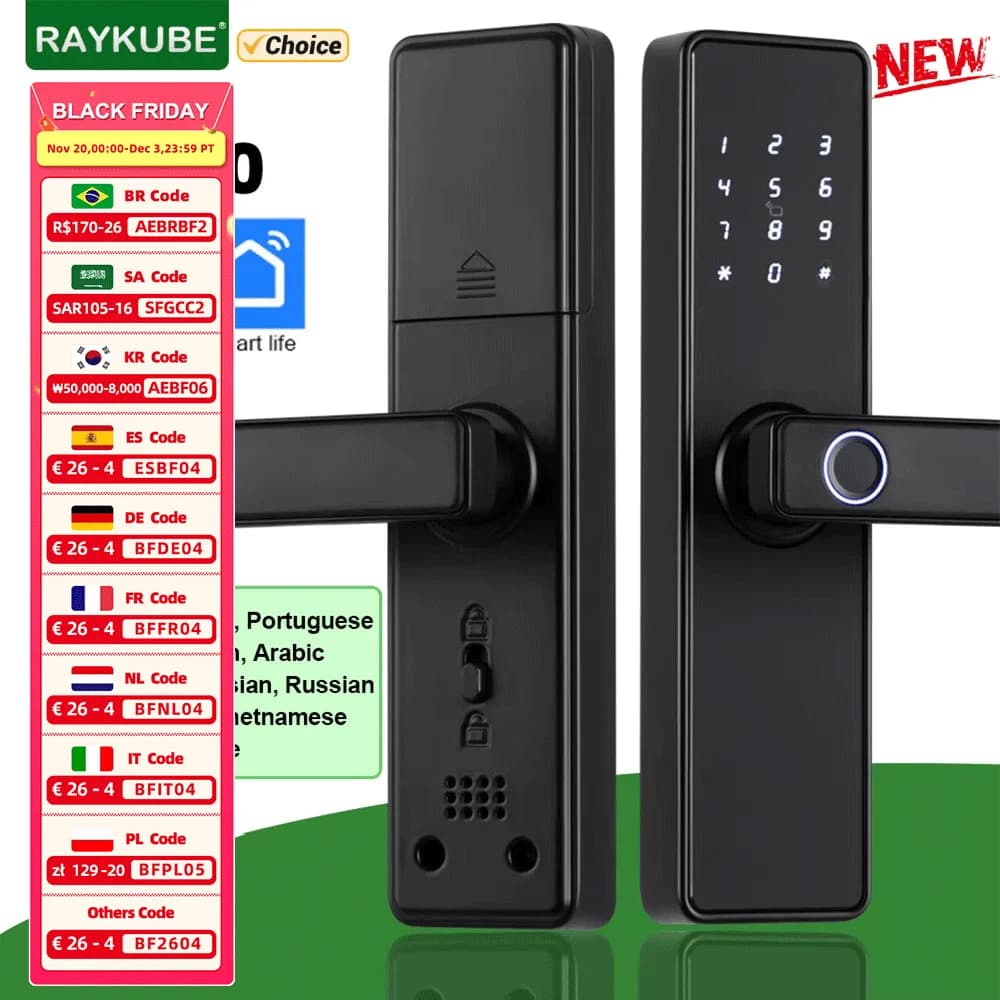 RAYKUBE K20 Tuya Bluetooth serratura per impronte digitali a 9 lingue serratura elettronica con Tuya / scheda IC/password/sblocco chiave