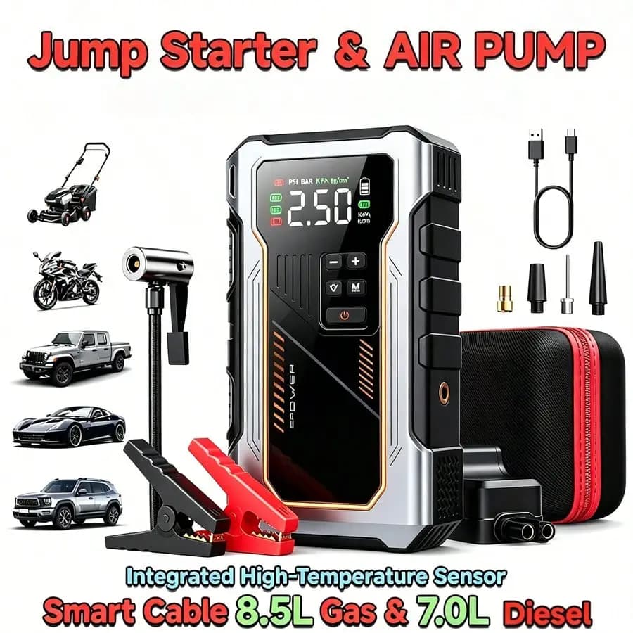 Portable Car Jump Starter & Jump Starter with Air Compressor (Optional), Jump Starter Battery Pack, Current Car Battery Booster, 12V Vehicles (1.98gal Fuel/ 1.59gal Diesel Engine), Compatible with Sedans, SUVs, Pickup Trucks & Lawn Mowers