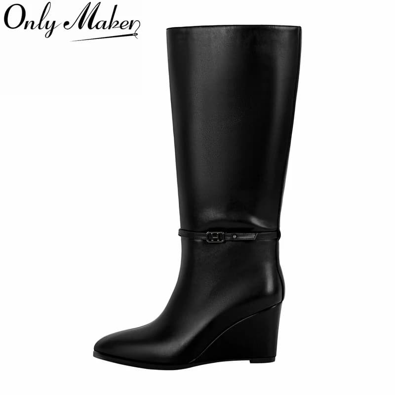 Onlymaker Women Pointed Toe Matte Wedge High Heel Knee High Boots Fall Winter Side Zipper Sexy Party Boots