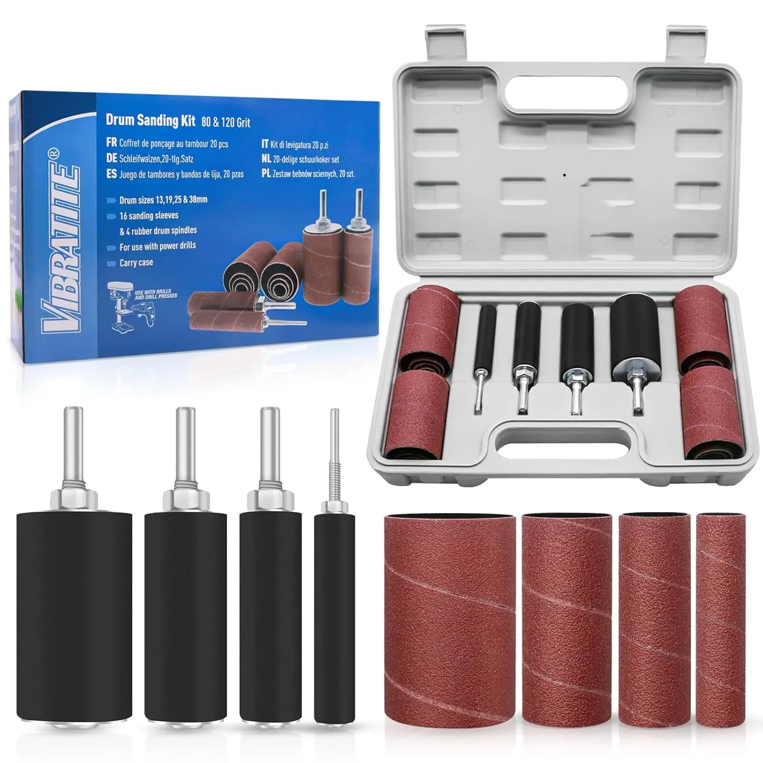 20pcs Spindle Sander Drum Kit Sanding Belt Rubber Mandrels Spindle +Sanding Sleeves with Case, for Woodworking Drill Rotary Tool