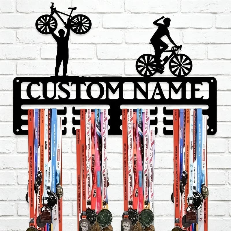 Espositore Personalizzabile per Trofei da Bicicletta, Porta Medaglie in Metallo da Parete per 60 Medaglie, Nome Personalizzato, Decorazione Artistica da Parete per Casa