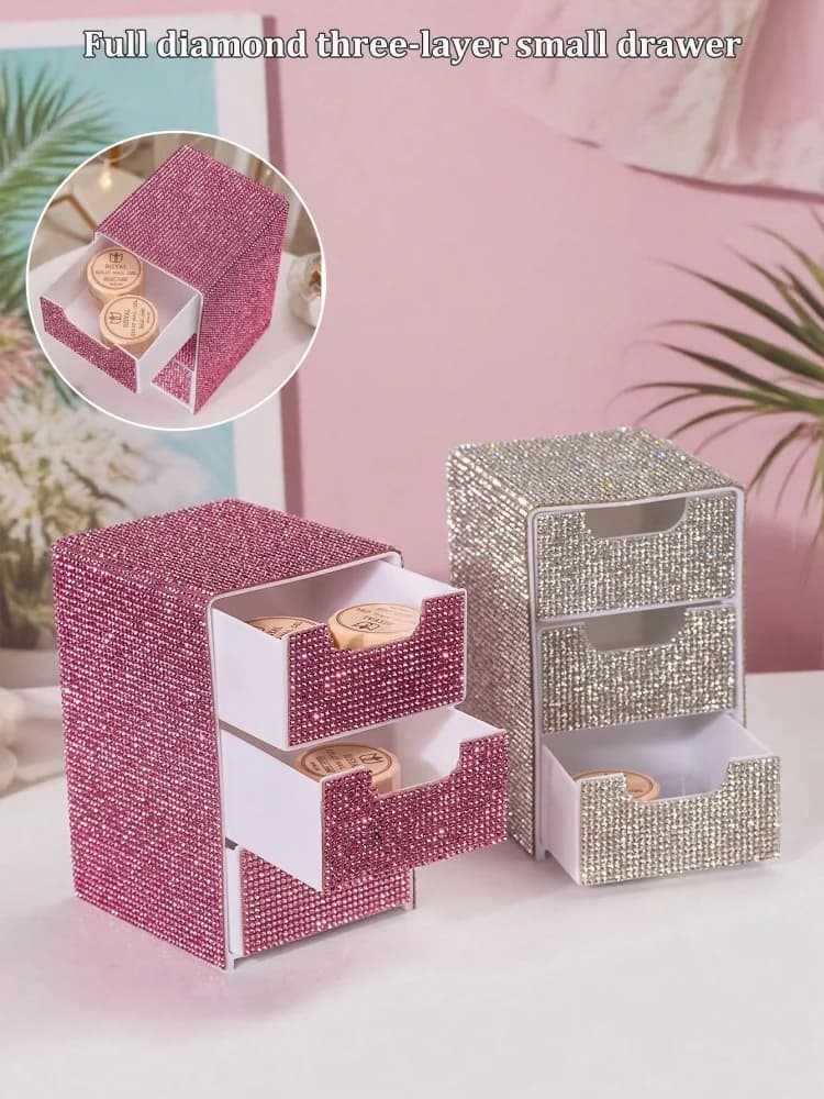 3 Level Storage Box With Glitter And Diamonds, Trick Organizer With Drawer, Transparent Acrylic Cosmetic Case, Desk Organizer