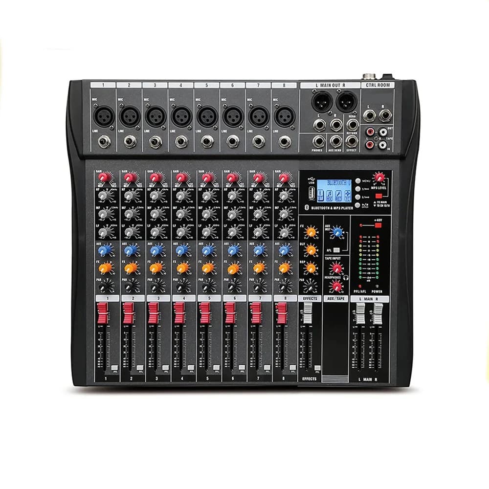 Mixer Professionale a 8 Canali con 99 Effetti DSP, Bluetooth, USB, MP3, Alimentazione Phantom 48V, per Streaming dal Vivo, Registrazione in Studio e Mixaggio