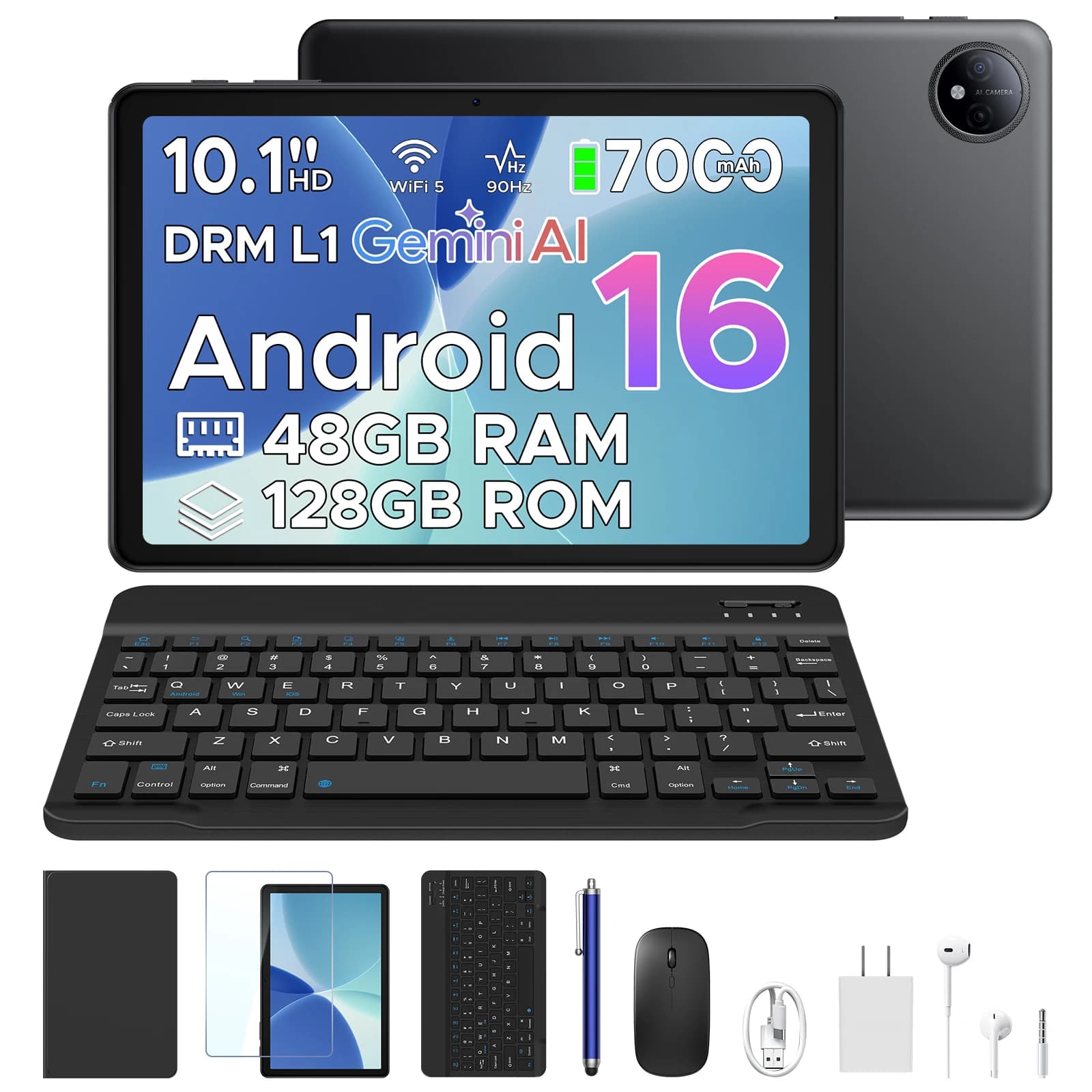 POCKAM P10 Tablet Android 16 da 10.1" con Display 90Hz, Gemini AI, 48GB RAM (8+40), 128GB ROM, Batteria 7000mAh, Tablet PC T310 con Tastiera