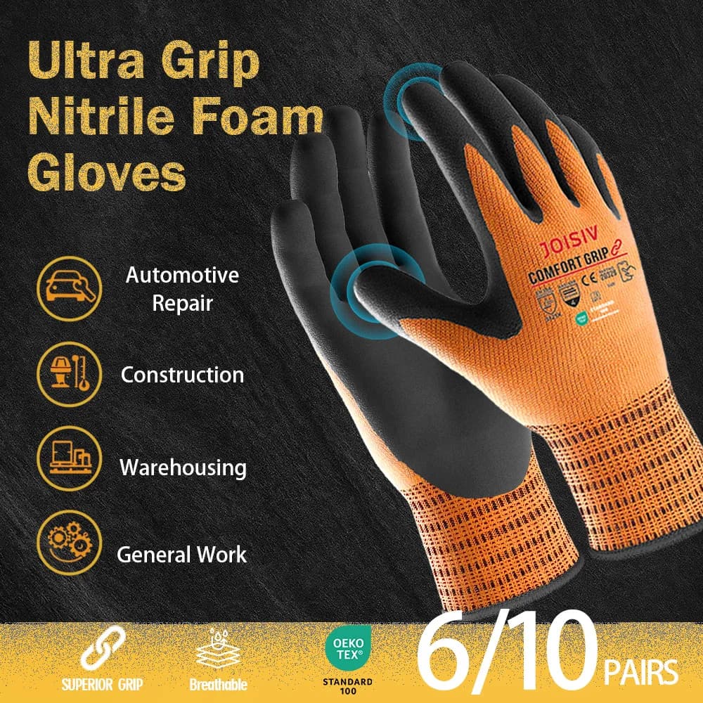 6/10 paia di guanti da lavoro rivestiti in nitrile, resistenti, antiscivolo, leggeri, durevoli, traspiranti, per l'edilizia, la riparazione di auto, il giardinaggio