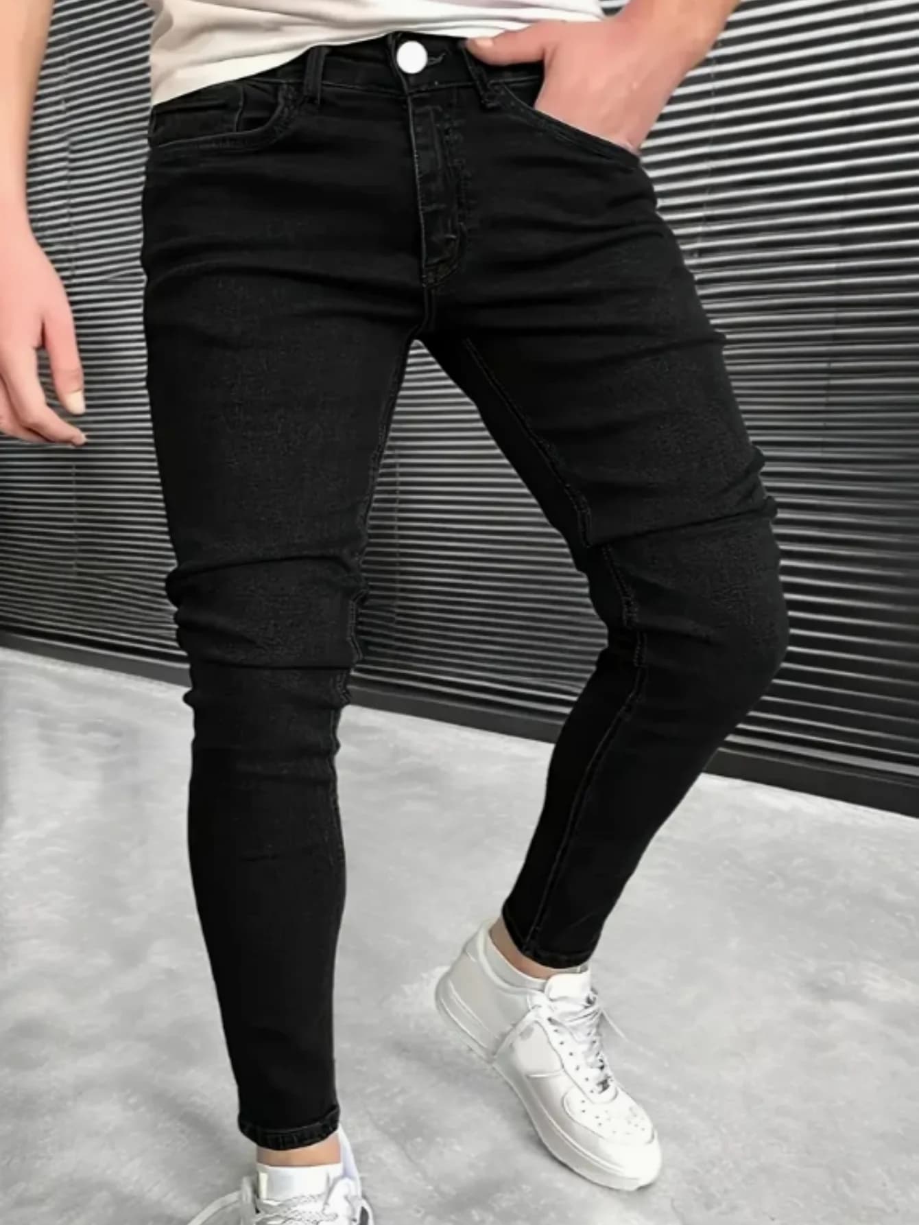 Slim fit black jeans for men, medium weight denim, custom fit for barbecue in the courtyard at customer meetings