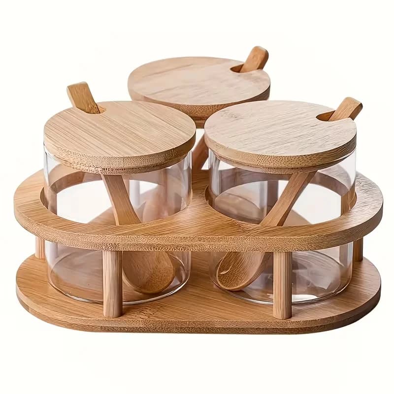 1 Set, Multifunctional Glass Seasoning Jar Set with Wooden Lid, with Triangular Wooden Tray - Glass Seasoning Bottle, Glass Seasoning Storage Bottle, Storage Jar,