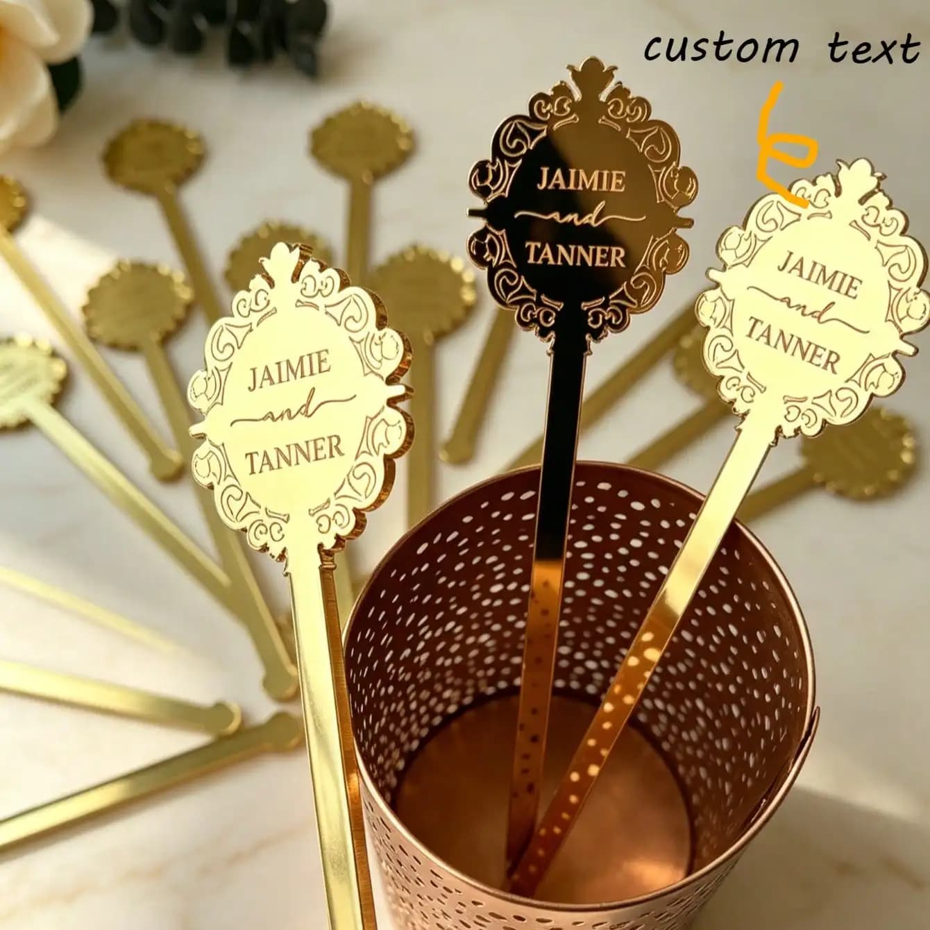 Custom Acrylic Drink Stirrers Personalized Name Gold Silver Rose Gold Mirror Floral Cocktail Swizzle Sticks