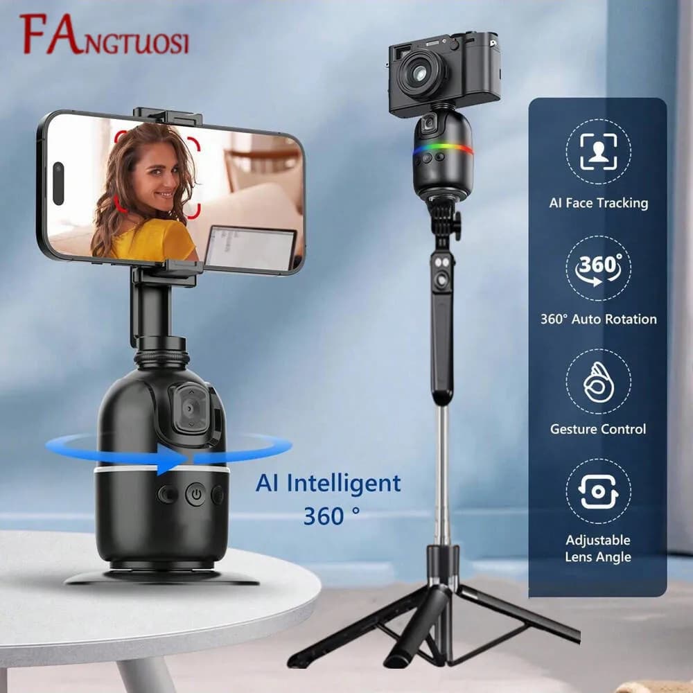 Stabilizzatore per selfie stick 360 ° Treppiede per supporto per telefono desktop all-in-one con giunto cardanico AI con tracciamento automatico del volto per video smartphone Vlog Live