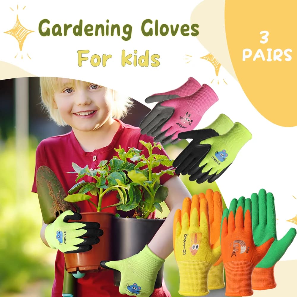 3 paia di guanti da giardinaggio per bambini, guanti da lavoro da giardino per bambini rivestiti in lattice per piantare, pulire, attrezzi da esterno