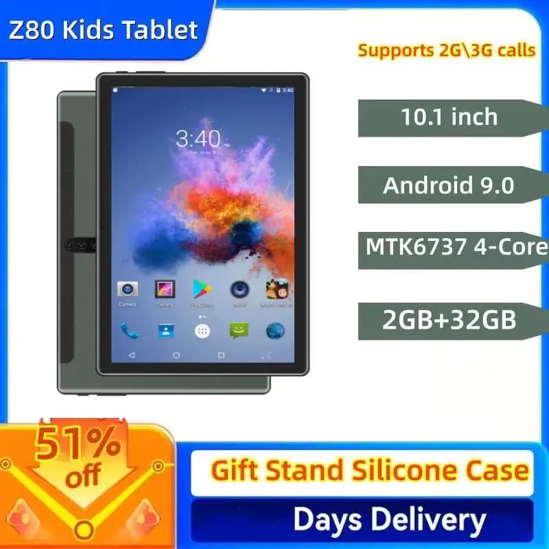 Tablet per Bambini Z80 10.1" Android 9.0 con Funzione Chiamata, MTK6737 Quad-Core, Supporta Chiamate 2G/3G, 2GB RAM, 32GB ROM, 1280x800 IPS, Doppia Fotocamera
