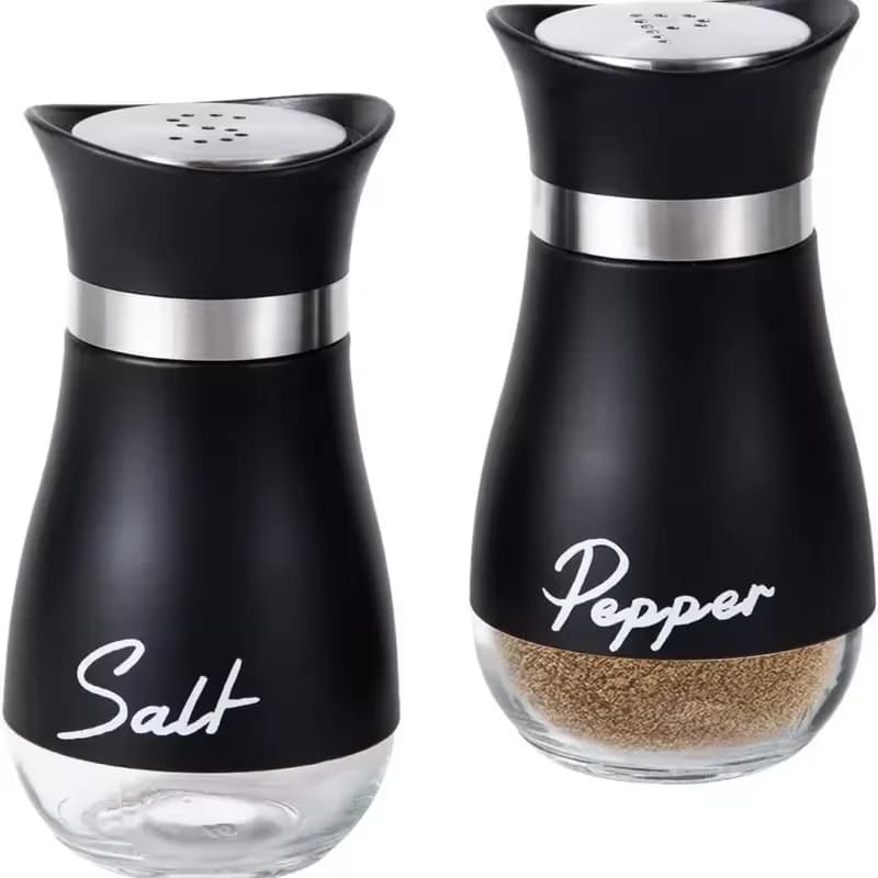 Kitchen Glass Spice Bottle Adjustable Refillable Salt and Pepper Shakers 2pcs Set with Shelf Spice Dispenser With Pour Holes