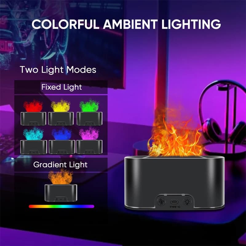 Umidificatore USB a ultrasuoni con fiamma a 7 colori – Diffusore a fiamma, protezione da mancanza d'acqua, per ufficio, casa, yoga – Luce notturna | Luce LED
