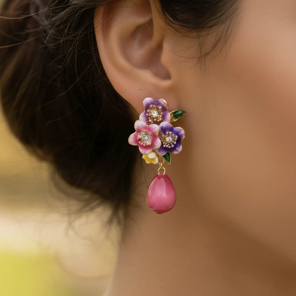 Eleganti Orecchini Pendenti Floreali in Smalto per Donne, Orecchini a Goccia con Perline Rosa, Gioielli Vintage Dolci ed Eleganti