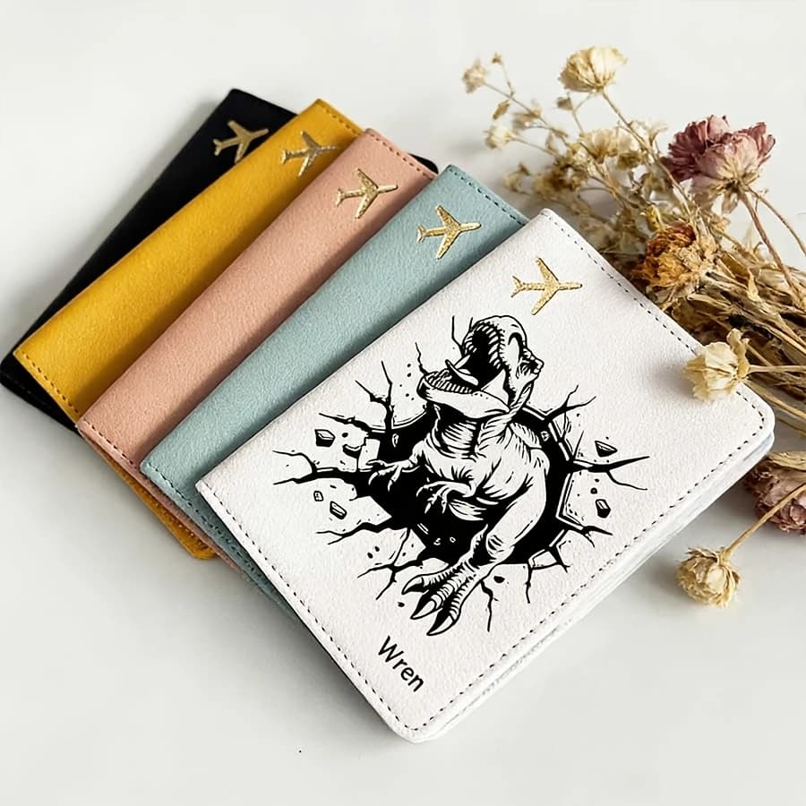 Custom Cartoon Dinosaur Name Passport Cover Open Style Travel Document Holder Gift for Men Women Travelers