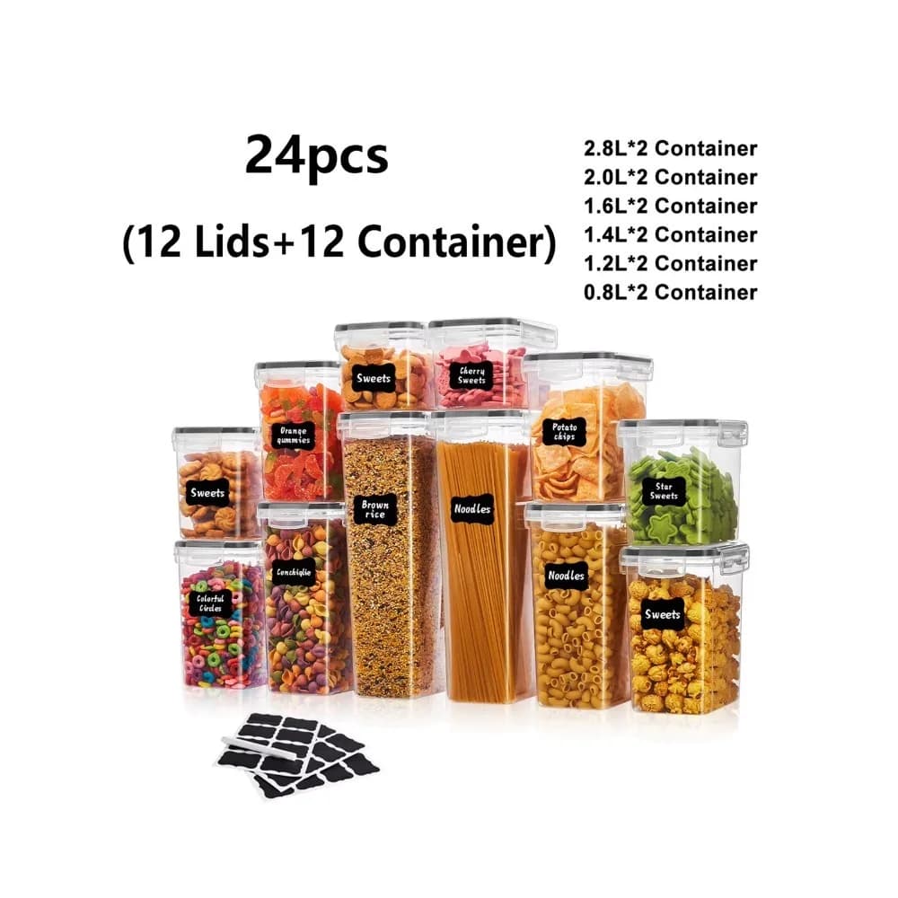 24Pcs Sealed Food Storage Containers with Lids Airtight Kitchen Canisters BPA Free Stackable Cereal Pasta Rice Snack Organizer with Chalkboard Labels 12 Container 12 Lid Set Leak Proof Clear Plastic Pantry Meal Prep Lunch Box Dry Food Storage Jars Great F