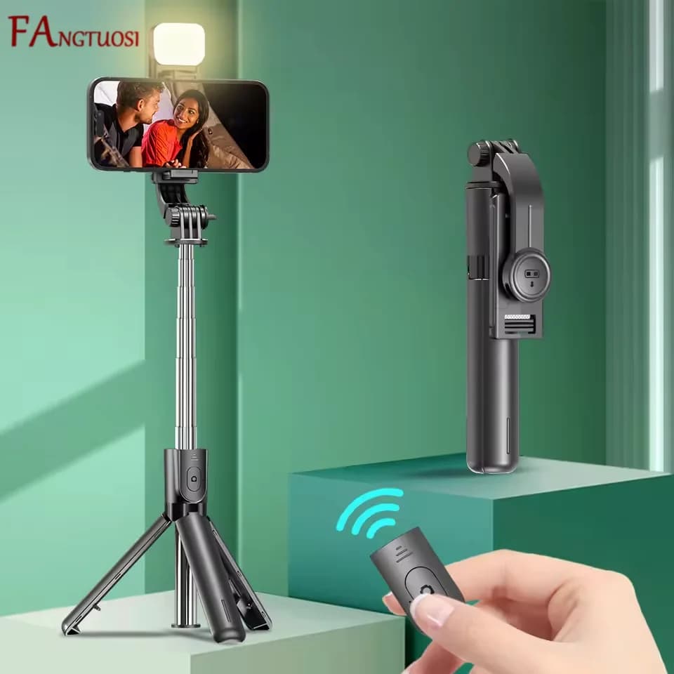Supporto da tavolo treppiede per selfie stick Bluetooth, supporto per telefono, otturatore remoto wireless, per iPhone Android, opzione con luce di riempimento