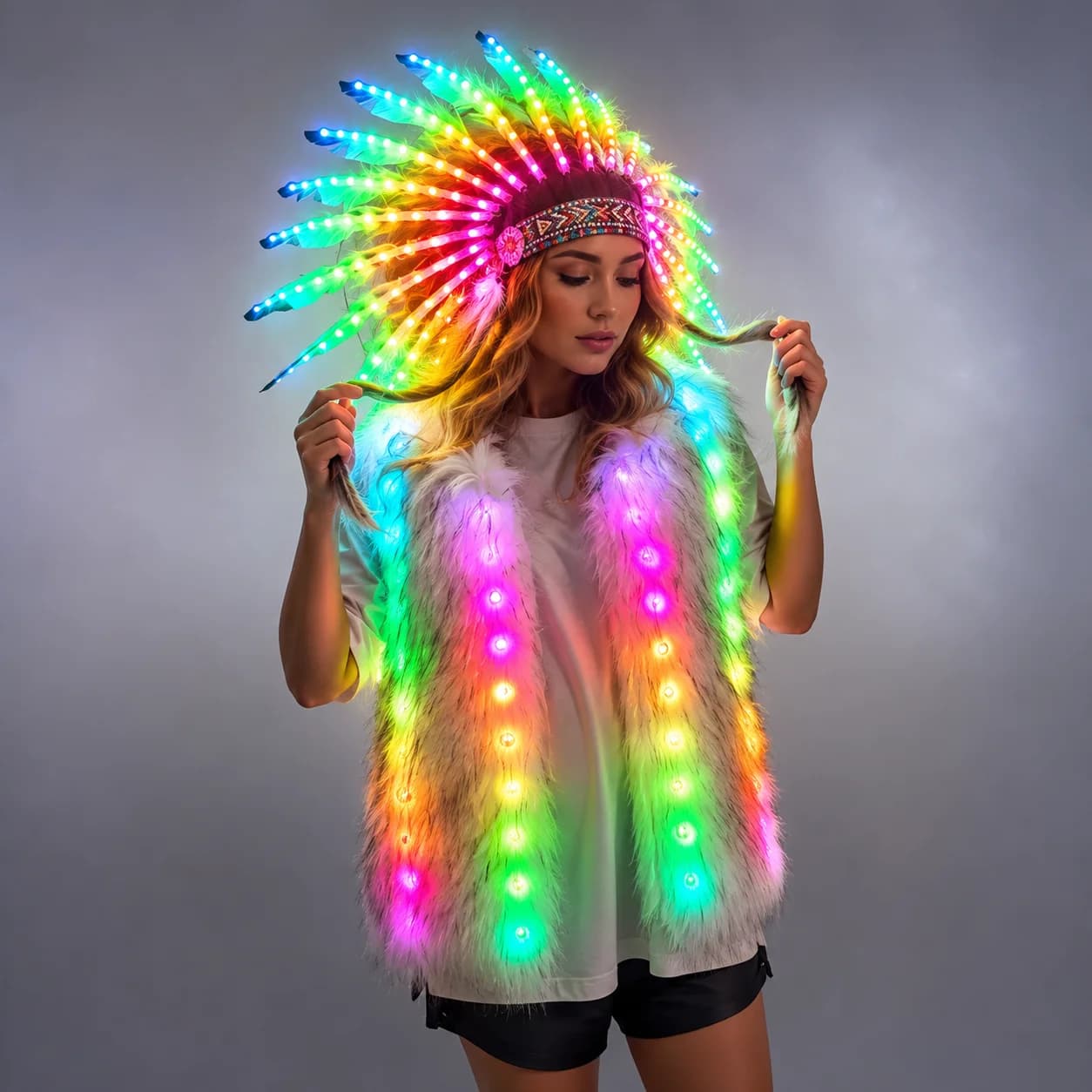 Gilet in Pelliccia con Luci LED Multicolore e Copricapo Indiano - Costume per Spettacoli ed Eventi Notturni