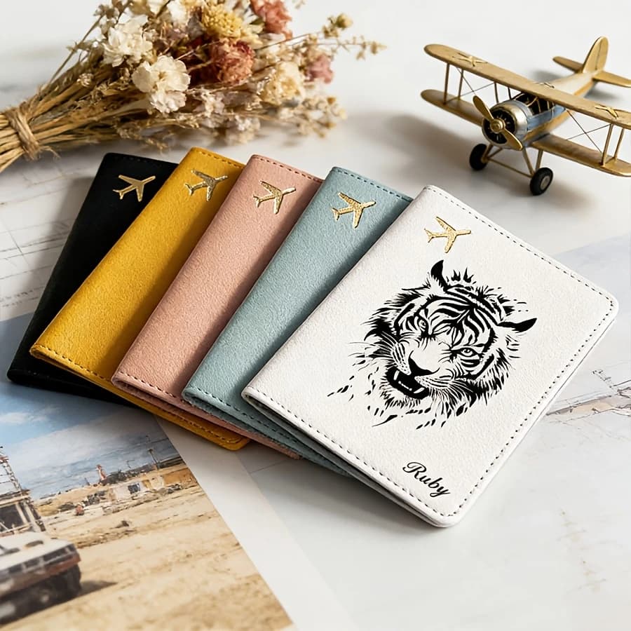 Custom Tiger Pattern Name & Initial Passport Holder Elegant Travel Document Case Gift for Weddings Bridesmaids Birthdays