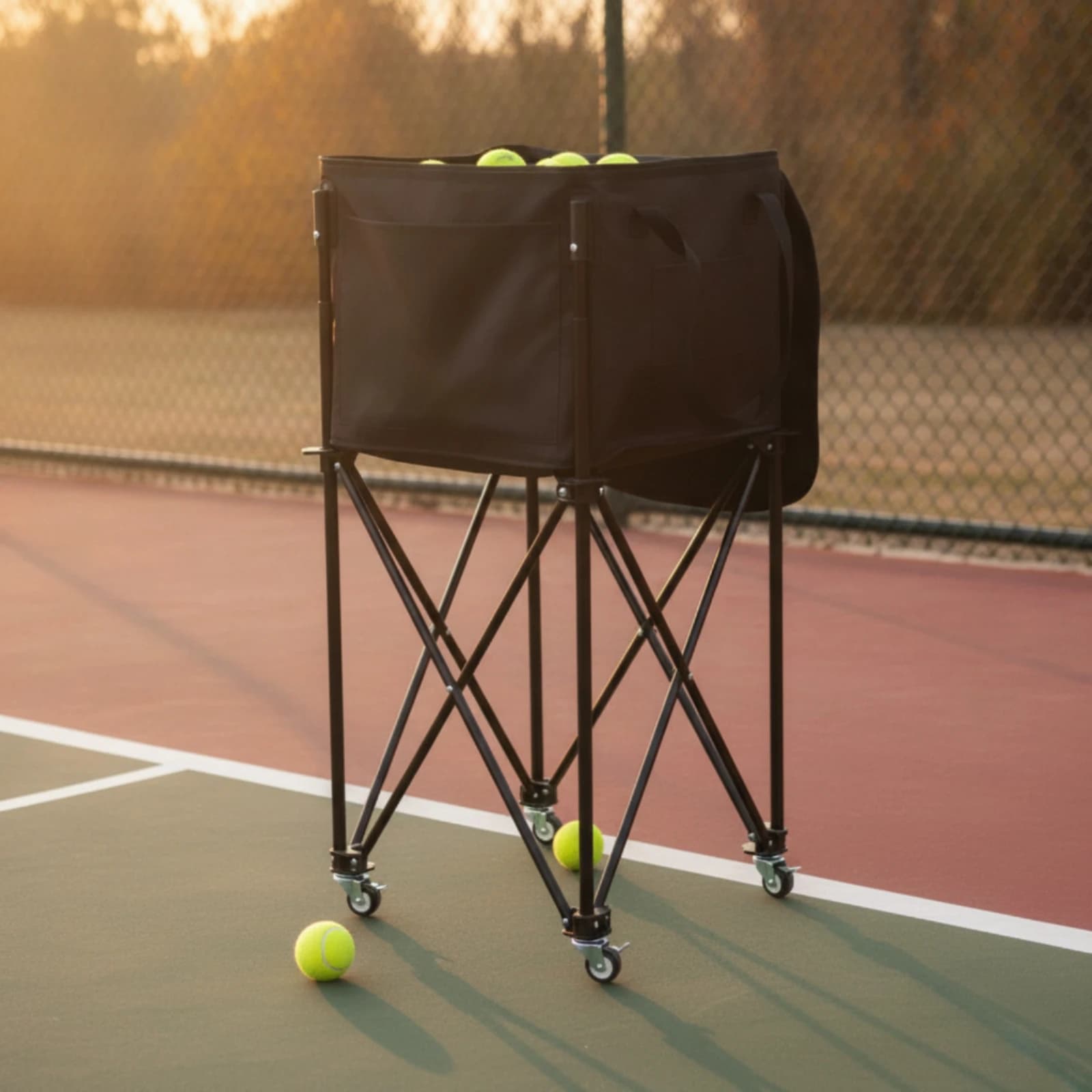 Foldable Tennis Ball Cart Holds 120lbs Mesh Basket with Wheels Large Capacity Portable Trolley for Tennis Training Coaching