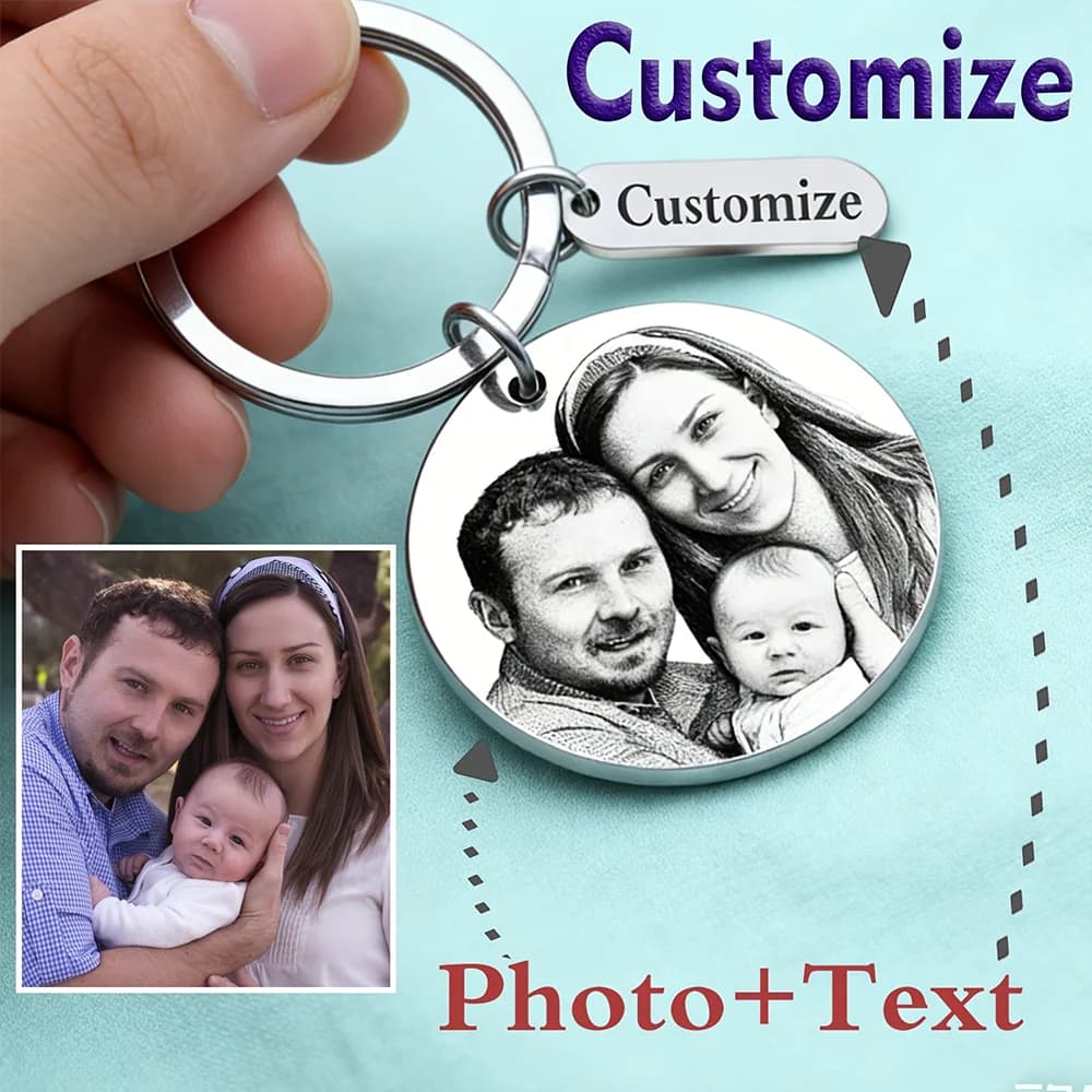 Customized photo keychain with sketch, stainless steel laser-engraved keyring, DIY personalized gift, suitable for pets, couples, family, birthdays, and anniversaries