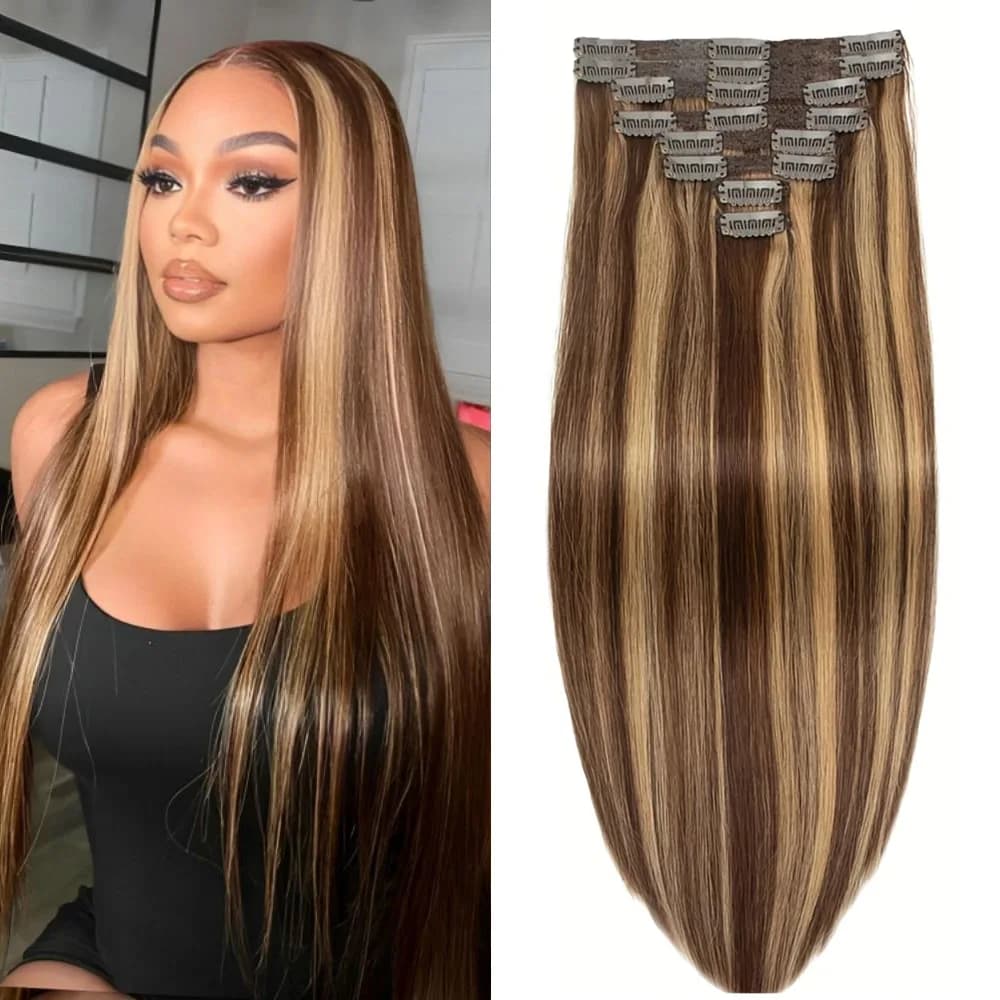 P4/27 Evidenzia clip dritta nelle estensioni dei capelli umani 8-24 pollici 100% clip di capelli umani Remy in 110g 8 pezzi / set testa piena per le donne