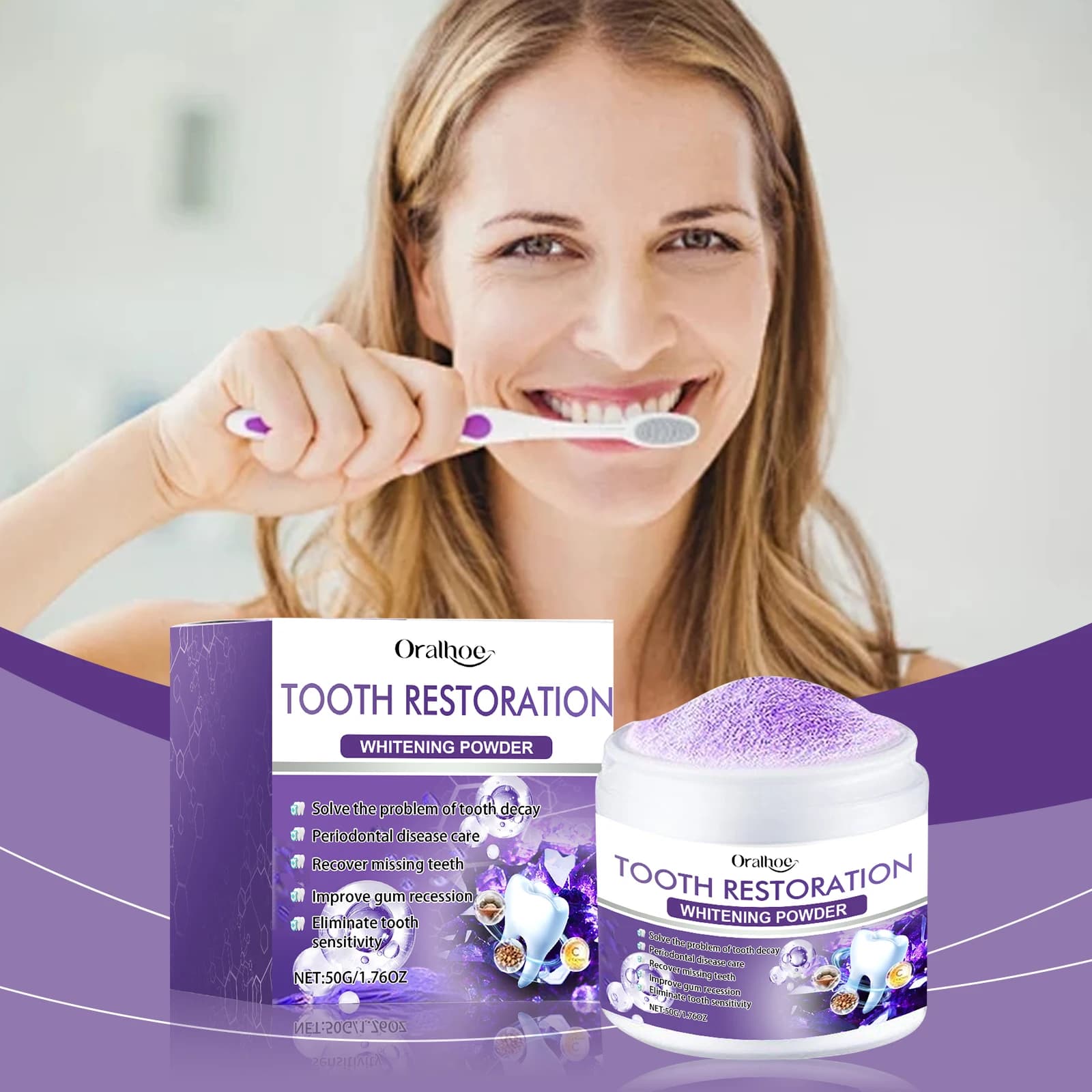 Oralhoe 50g Purple Tooth Whitening Powder Improves Alitosis Reduces Plaque Stains Oral Hygiene Treatment Clean Tooth Whitening Powder
